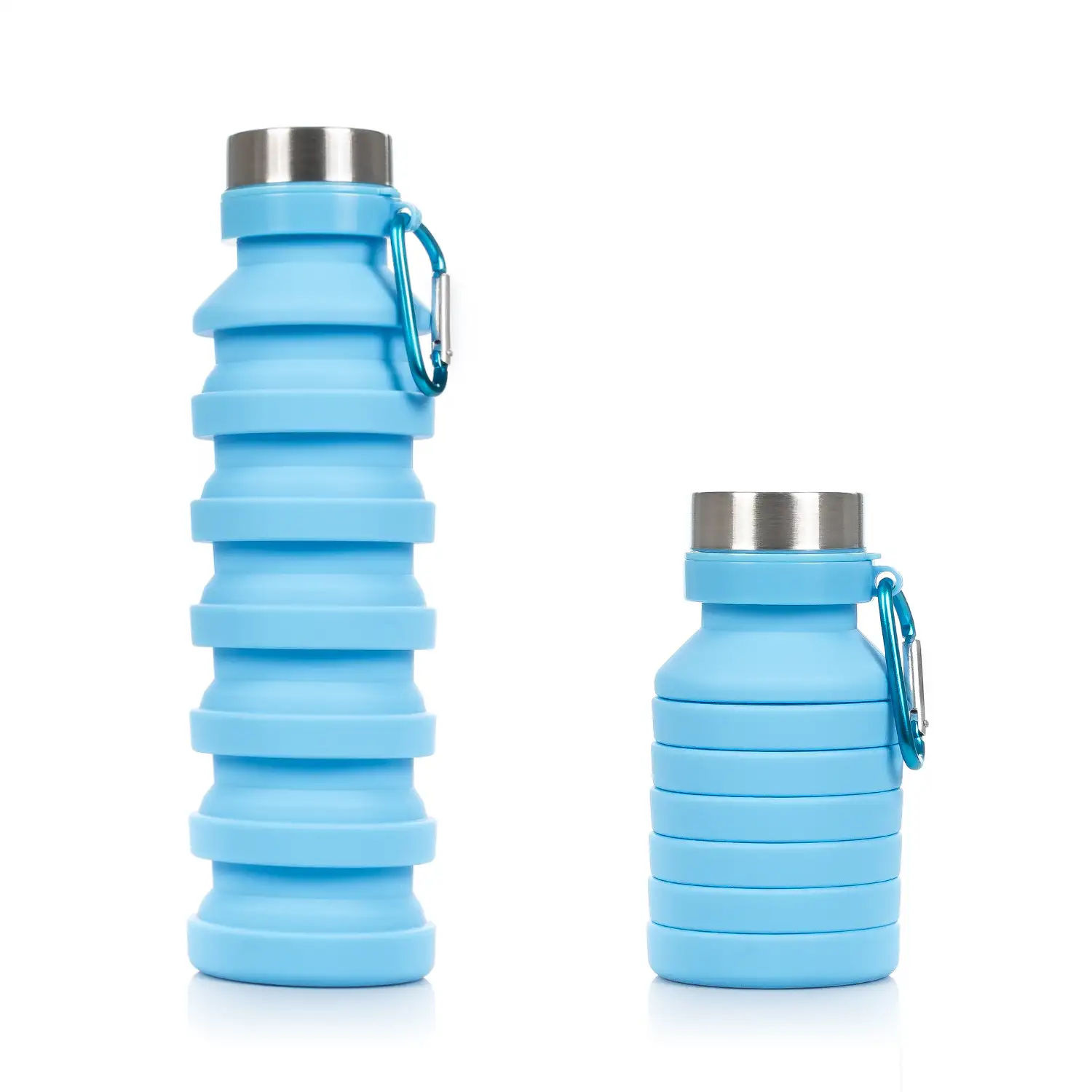 Botella deportiva plegable de silicona. 470 a 550ml, libre de BPA, tapón de rosca de acero inoxidable.