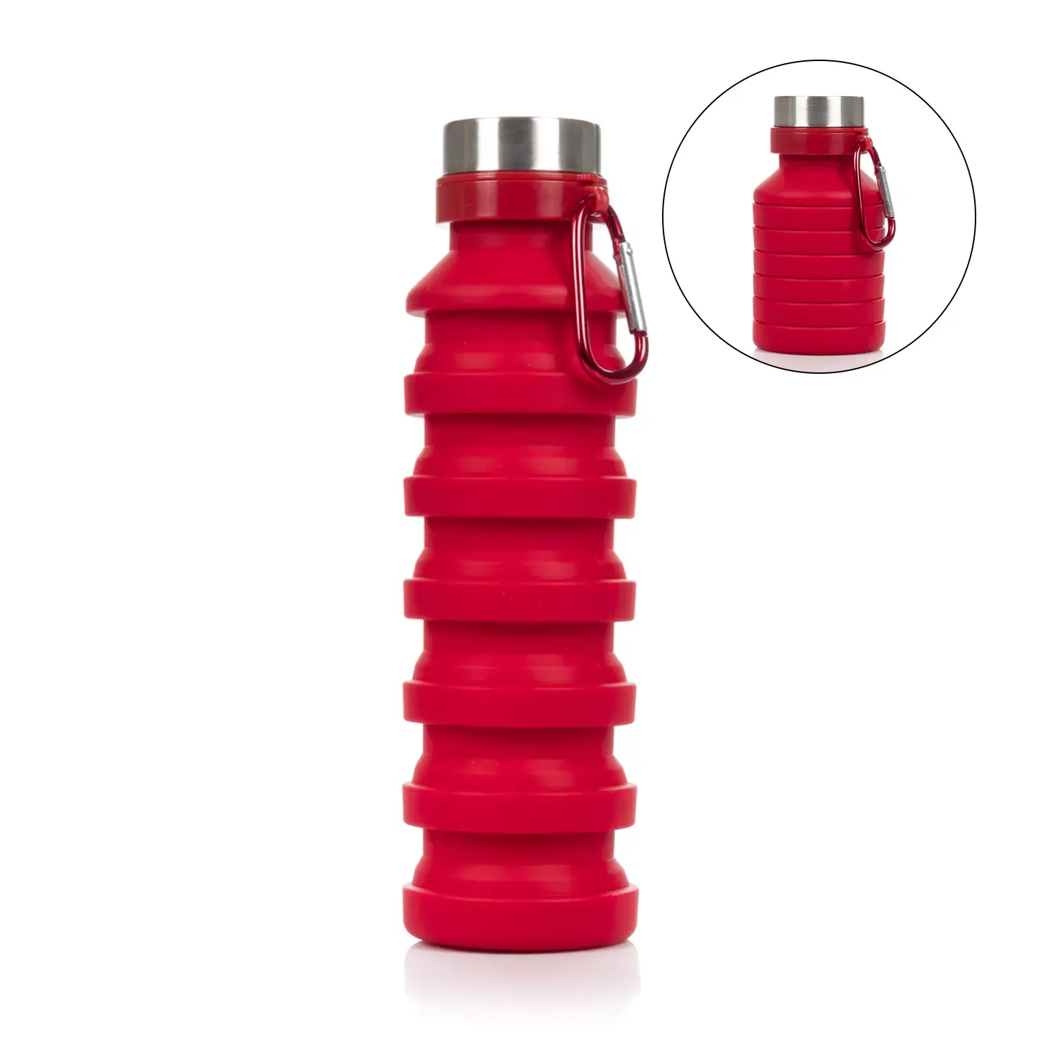 Botella deportiva plegable de silicona. 470 a 550ml, libre de BPA, tapón de rosca de acero inoxidable.