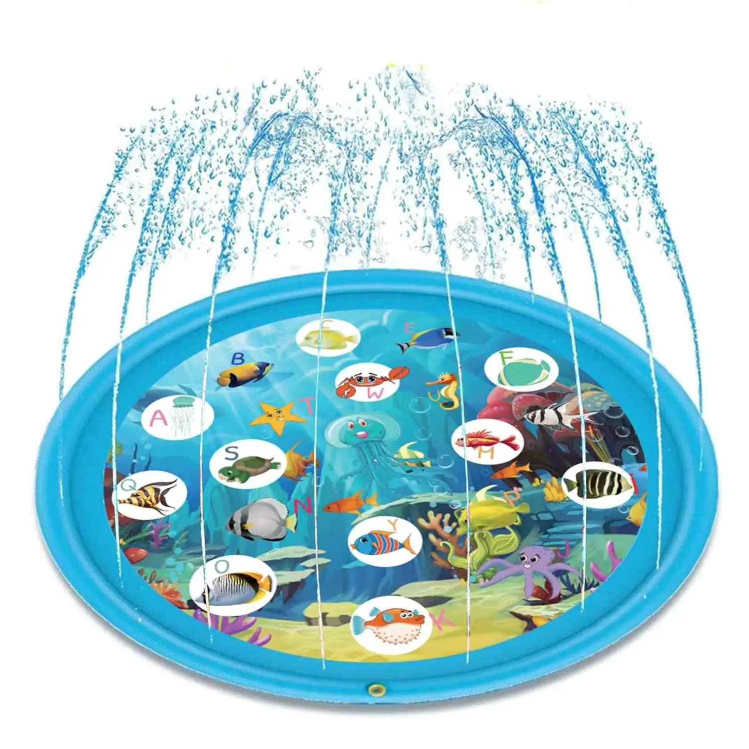 Splash Pad. Juguete inflable con aspersor de agua para jugar. 170cm de diámetro. Diseño animalitos marinos y abecedario.