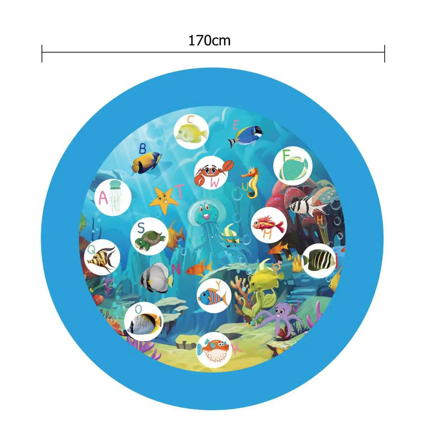Splash Pad. Juguete inflable con aspersor de agua para jugar. 170cm de diámetro. Diseño animalitos marinos y abecedario.