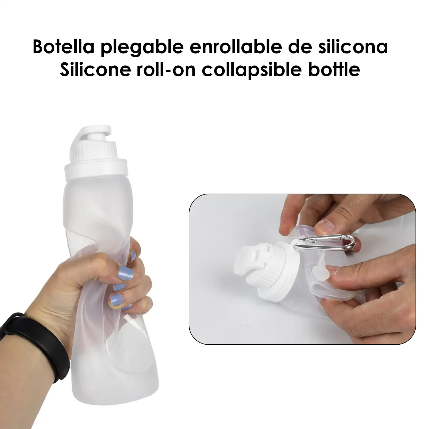 Botella plegable enrollable de 500ml, de silicona de grado alimenticio. Con mosquetón.