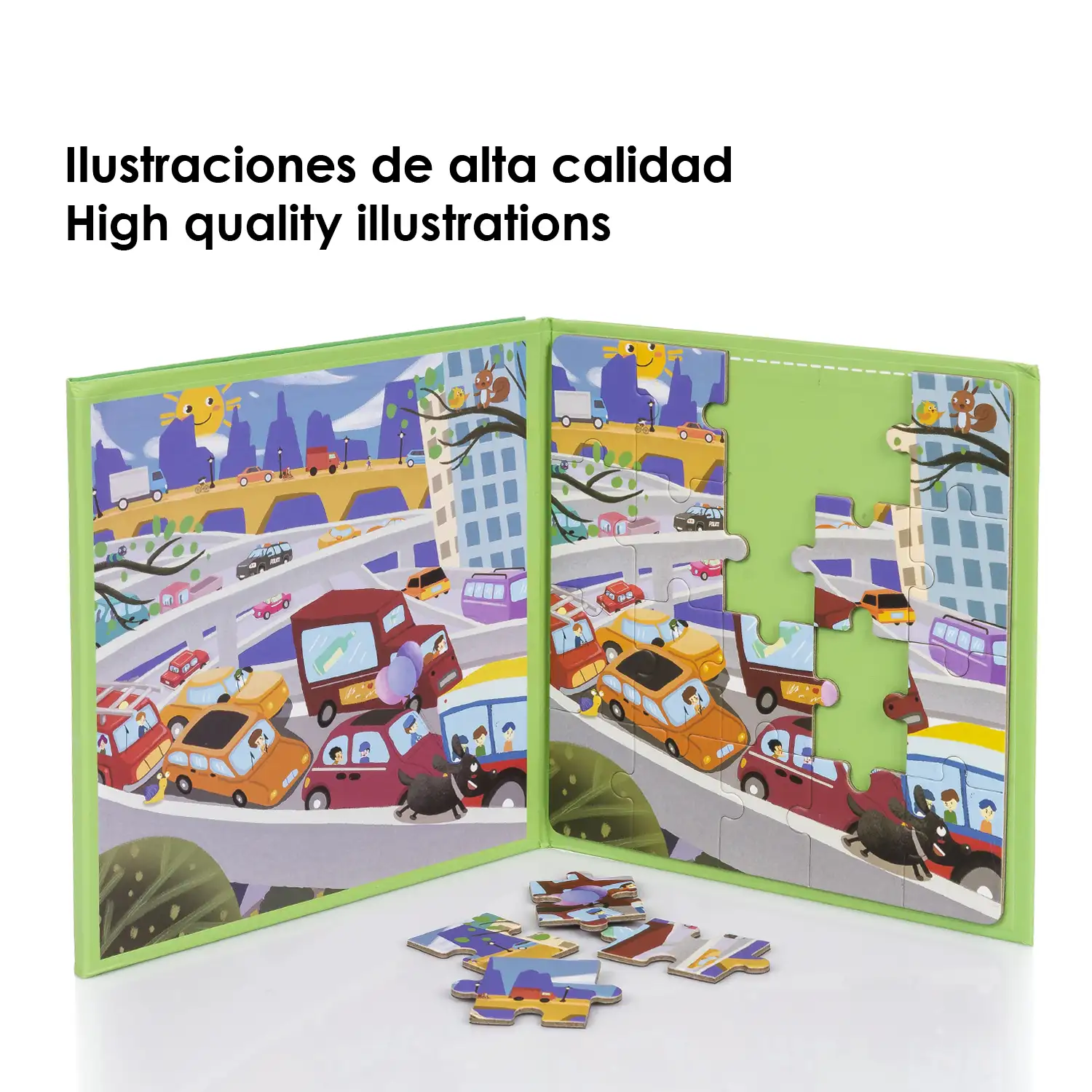 Puzle diseño Tráfico en la Ciudad de 40 piezas magnético. Formato tipo libro, 2 puzzles de 20 piezas en 1.