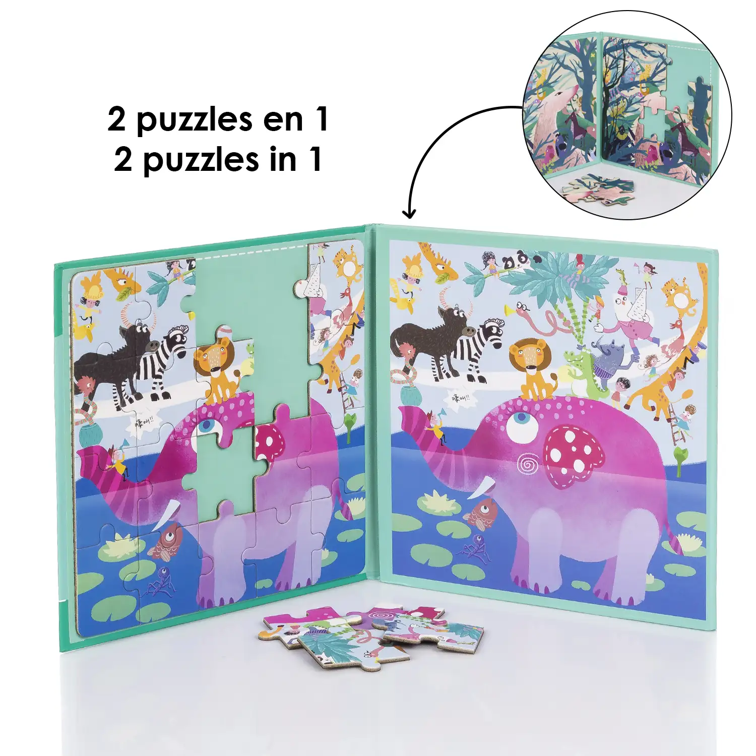 Puzle diseño Mundo Animal de 40 piezas magnético. Formato tipo libro, 2 puzzles de 20 piezas en 1.
