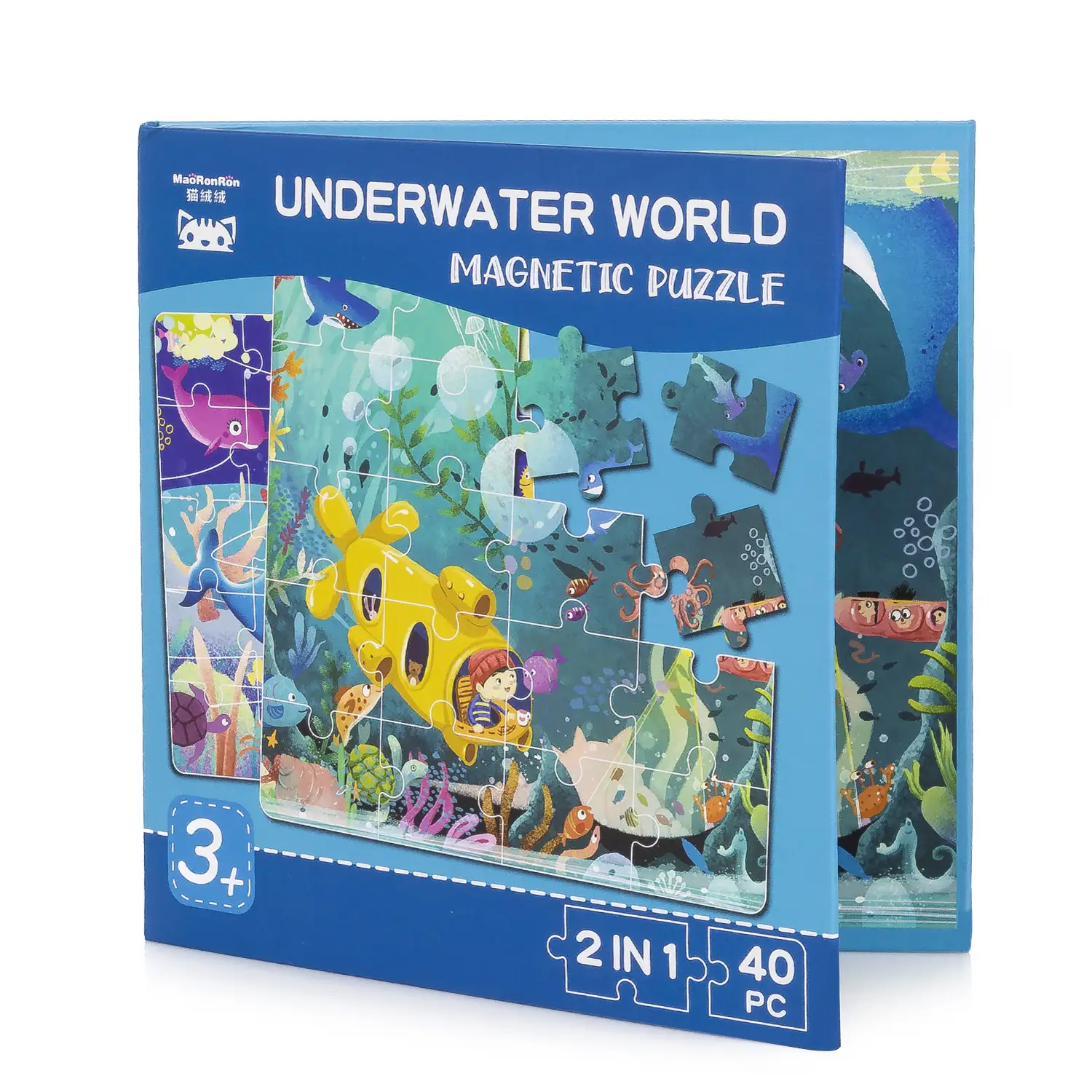 Puzle diseño Mundo Submarino de 40 piezas magnético. Formato tipo libro, 2 puzzles de 20 piezas en 1.