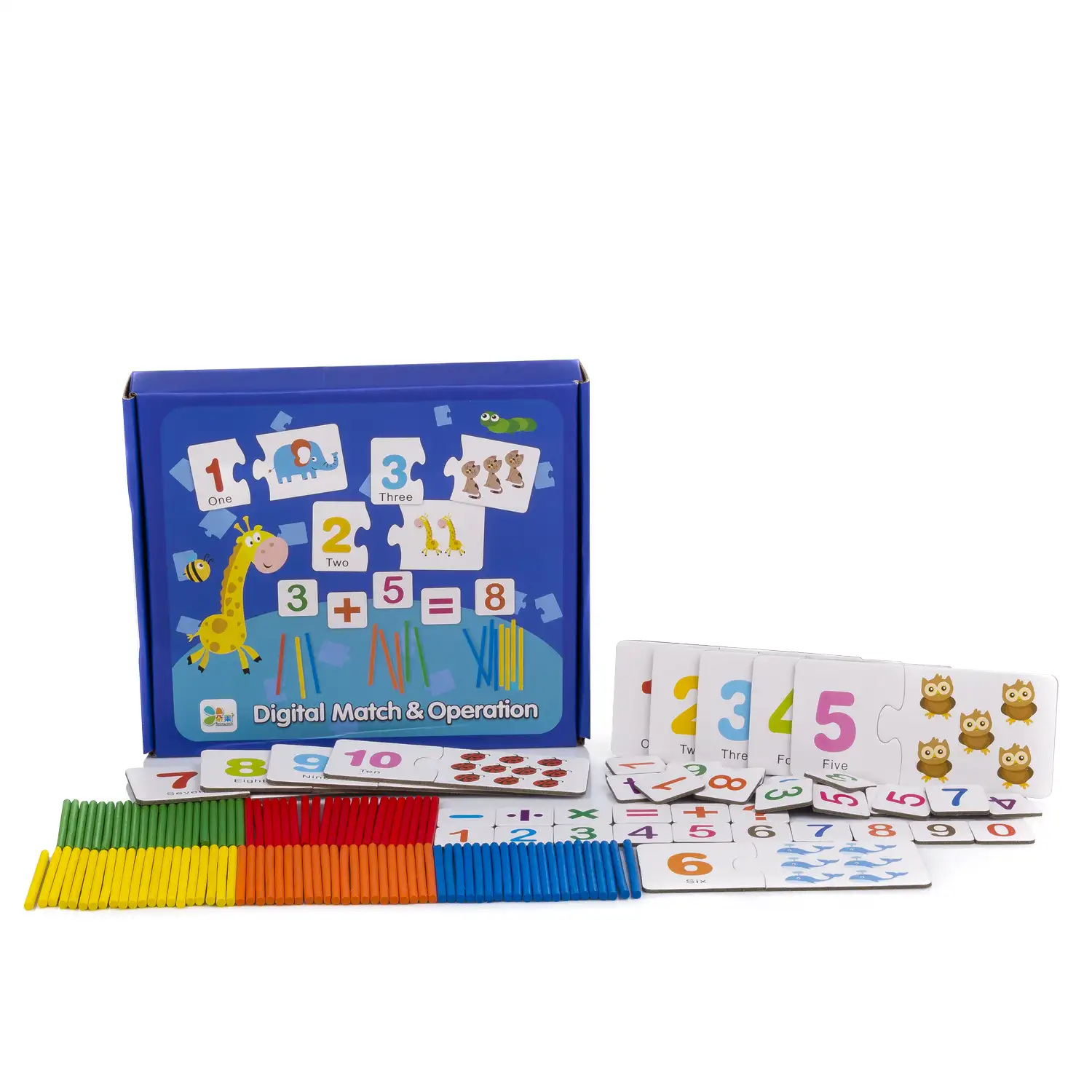 Juego matemático educativo. Juego de parejas de números y animales, símbolos matemáticos y palitos de madera para realizar operaciones.