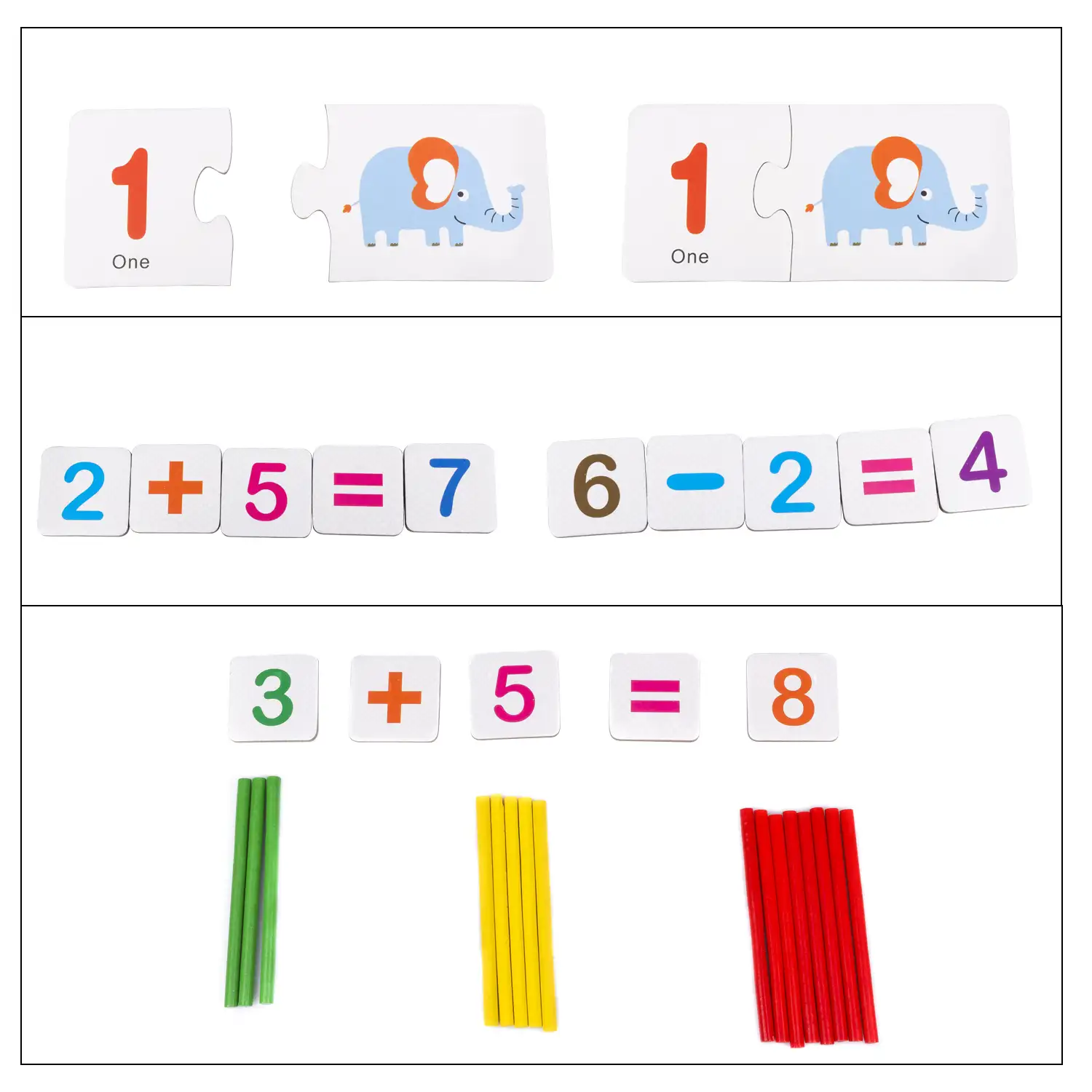 Juego matemático educativo. Juego de parejas de números y animales, símbolos matemáticos y palitos de madera para realizar operaciones.