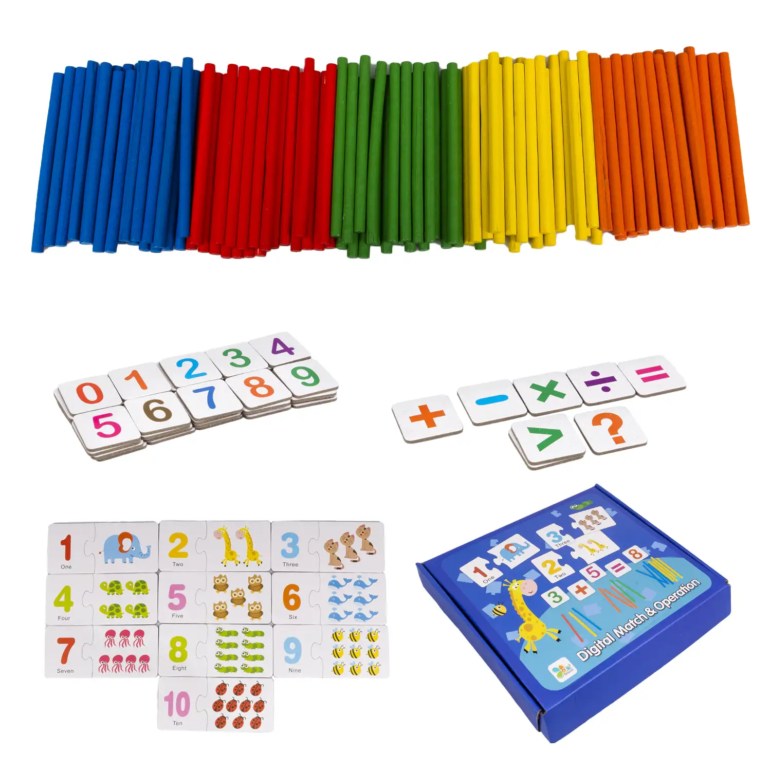 Juego matemático educativo. Juego de parejas de números y animales, símbolos matemáticos y palitos de madera para realizar operaciones.