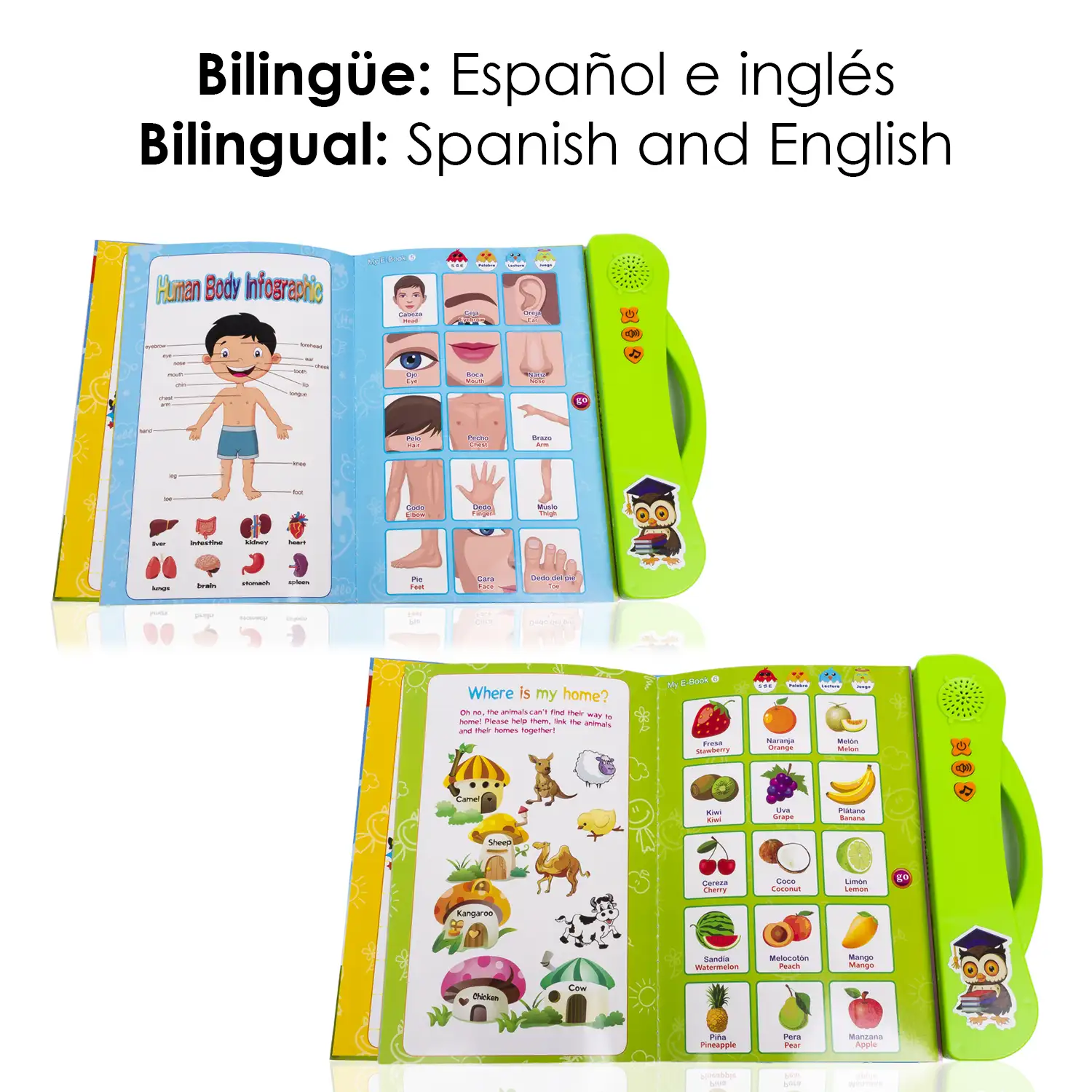 Mi E-Libro, libro electrónico educativo con sonidos, bilingüe en español e inglés.