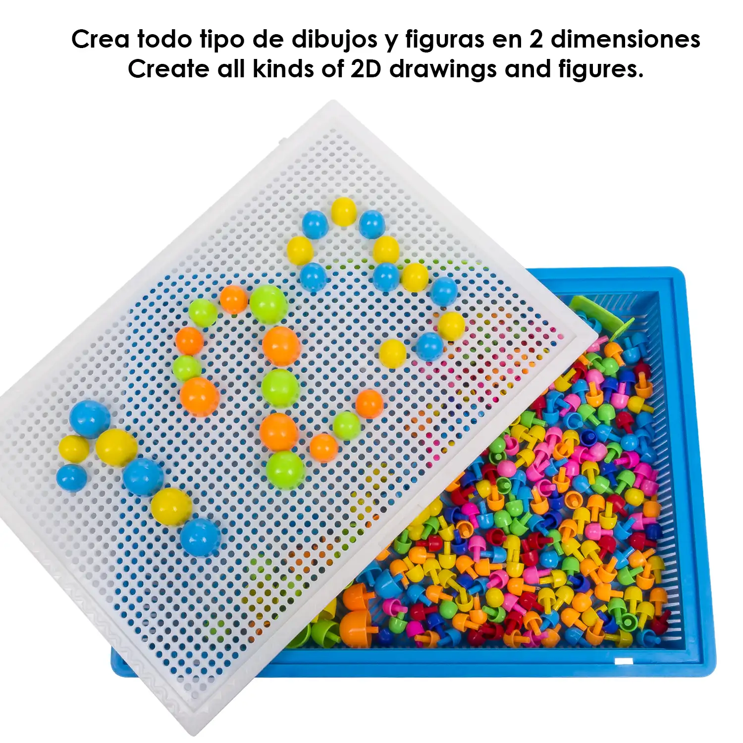 Tablero de creación de mosaicos multicolor. Piezas en varios tamaños y colores para crear dibujos de forma libre o siguiendo los patrones.