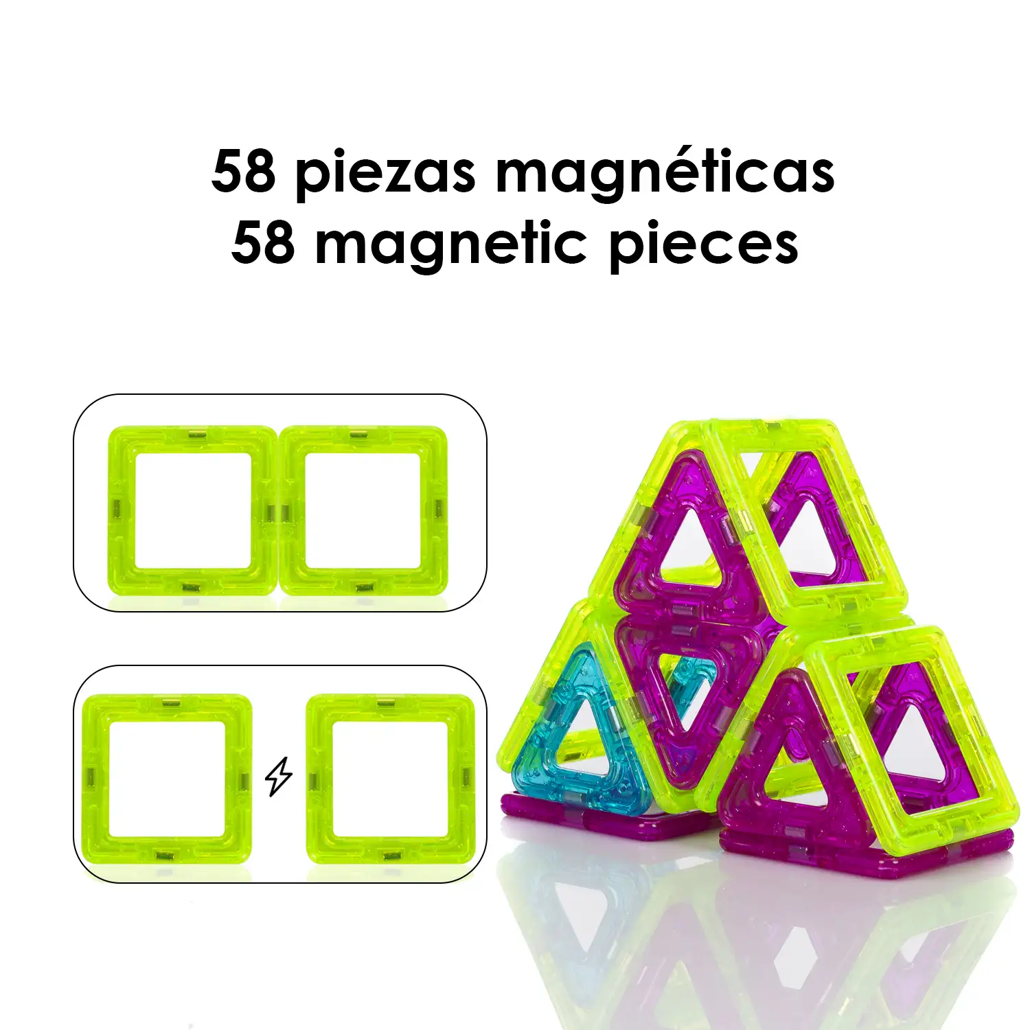 Piezas magnéticas de construcción para niños, con piezas móviles para crear figuras giratorias. 58 piezas.