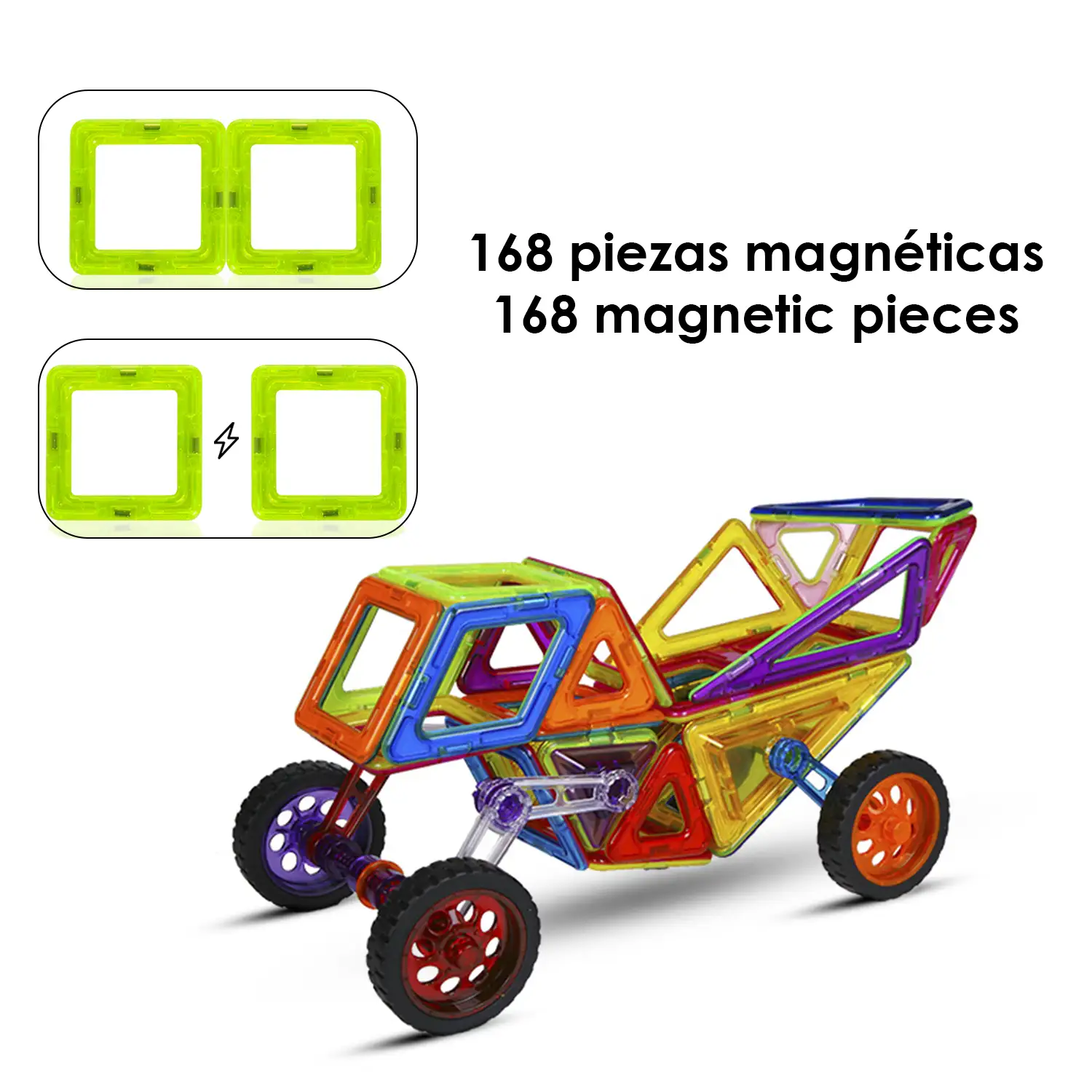 Piezas magnéticas de construcción para niños, con ruedas y piezas móviles para crear figuras giratorias y vehículos. Base con luces y sonido. 168 piezas.