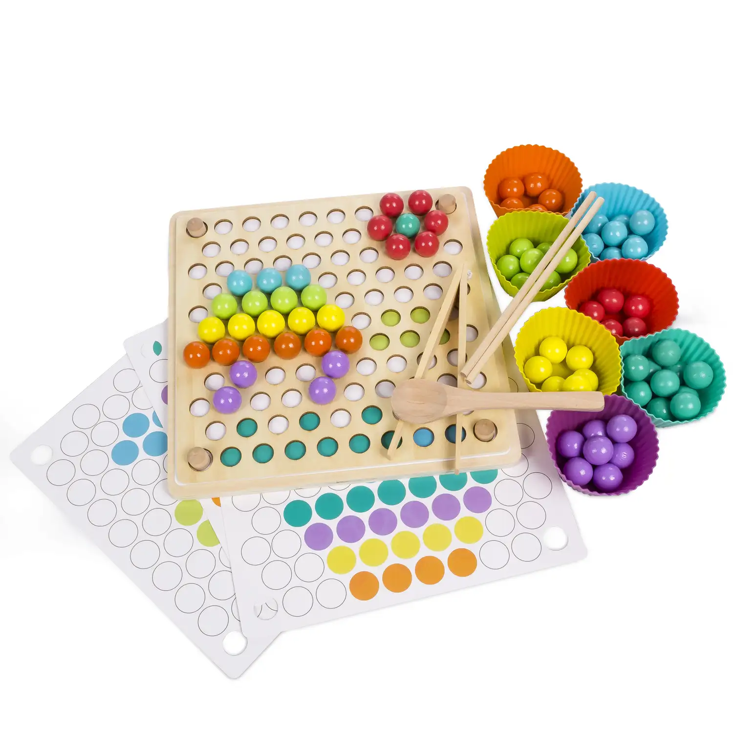 Tablero Montessori de madera para crear de mosaicos multicolor. Crea dibujos de forma libre o siguiendo los patrones.