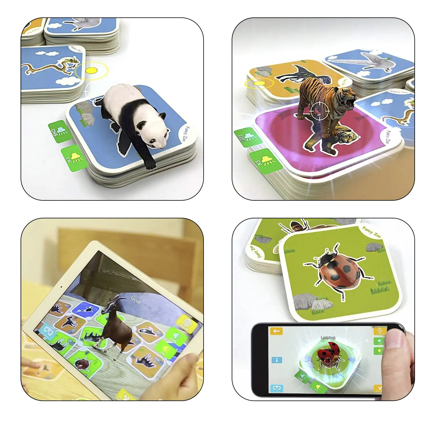 Fancy Zoo. Cartas educativas de animales de realidad aumentada. Observa y aprende con animales en 3D. Aplicación para Android e iOS.