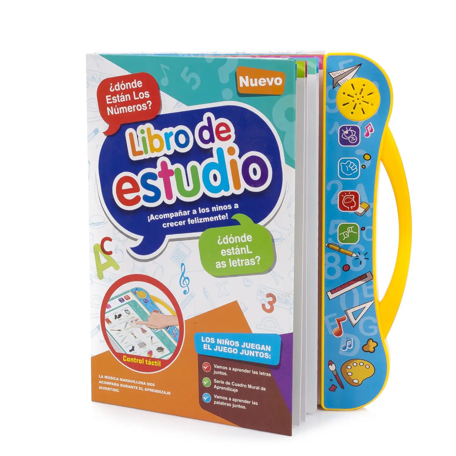Libro de Estudio, libro electrónico educativo con sonidos, bilingüe en español e inglés. Actividades matemáticas, lengua, creativas.