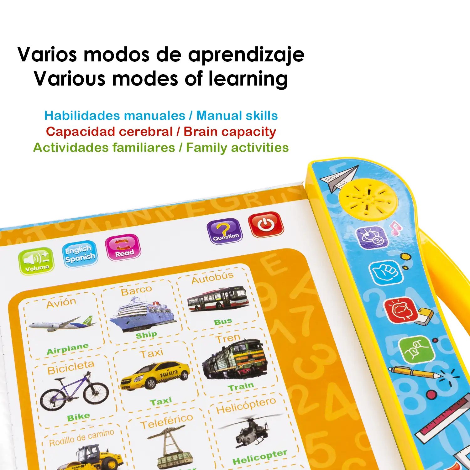 Libro de Estudio, libro electrónico educativo con sonidos, bilingüe en español e inglés. Actividades matemáticas, lengua, creativas.