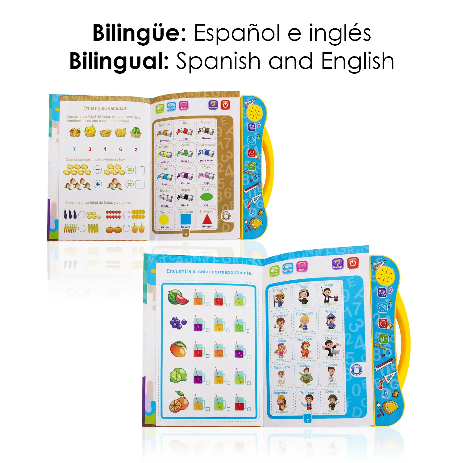 Libro de Estudio, libro electrónico educativo con sonidos, bilingüe en español e inglés. Actividades matemáticas, lengua, creativas.