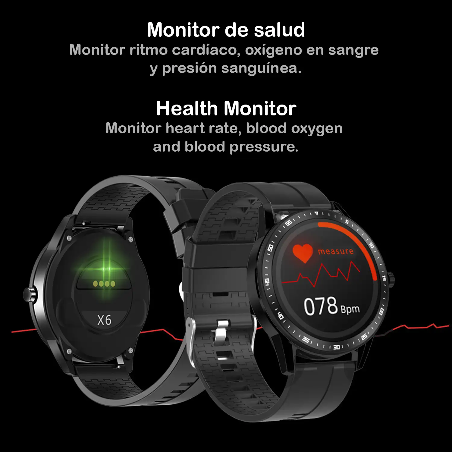 Smartwatch X6 con auriculares Bluetooth 5.0 TWS integrados, monitor de tensión y oxígeno en sangre.