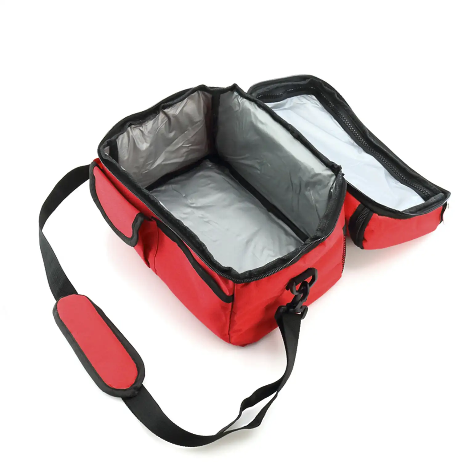 Nevera Bemel todoterreno en resistente poliéster 600D con múltiples bolsillos. Interior isotermo en acabado de aluminio.