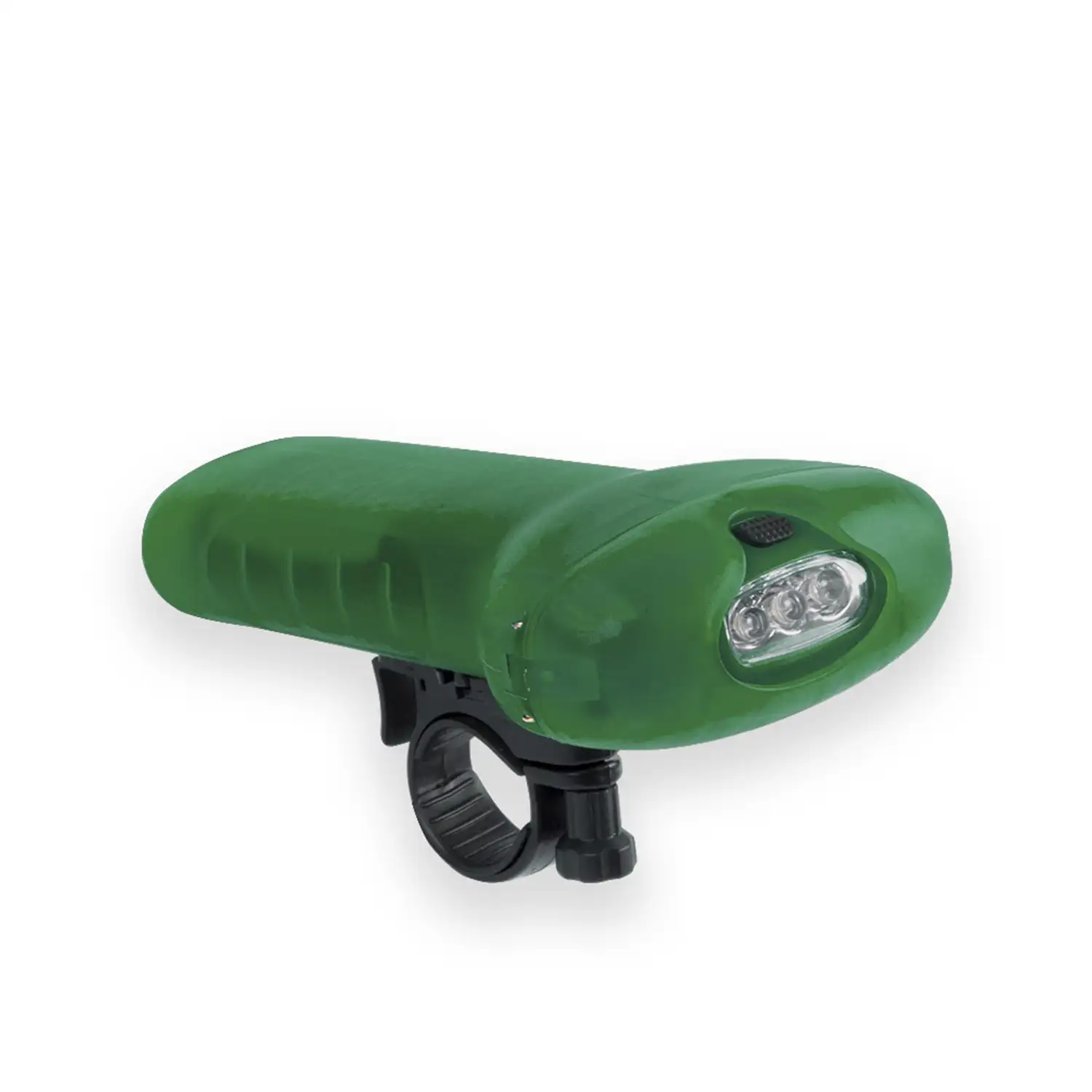 Linterna Moltar para manillar de bicicleta, con 3 leds y 2 posiciones de iluminación. Modo de uso como luz frontal con goma ajustable.