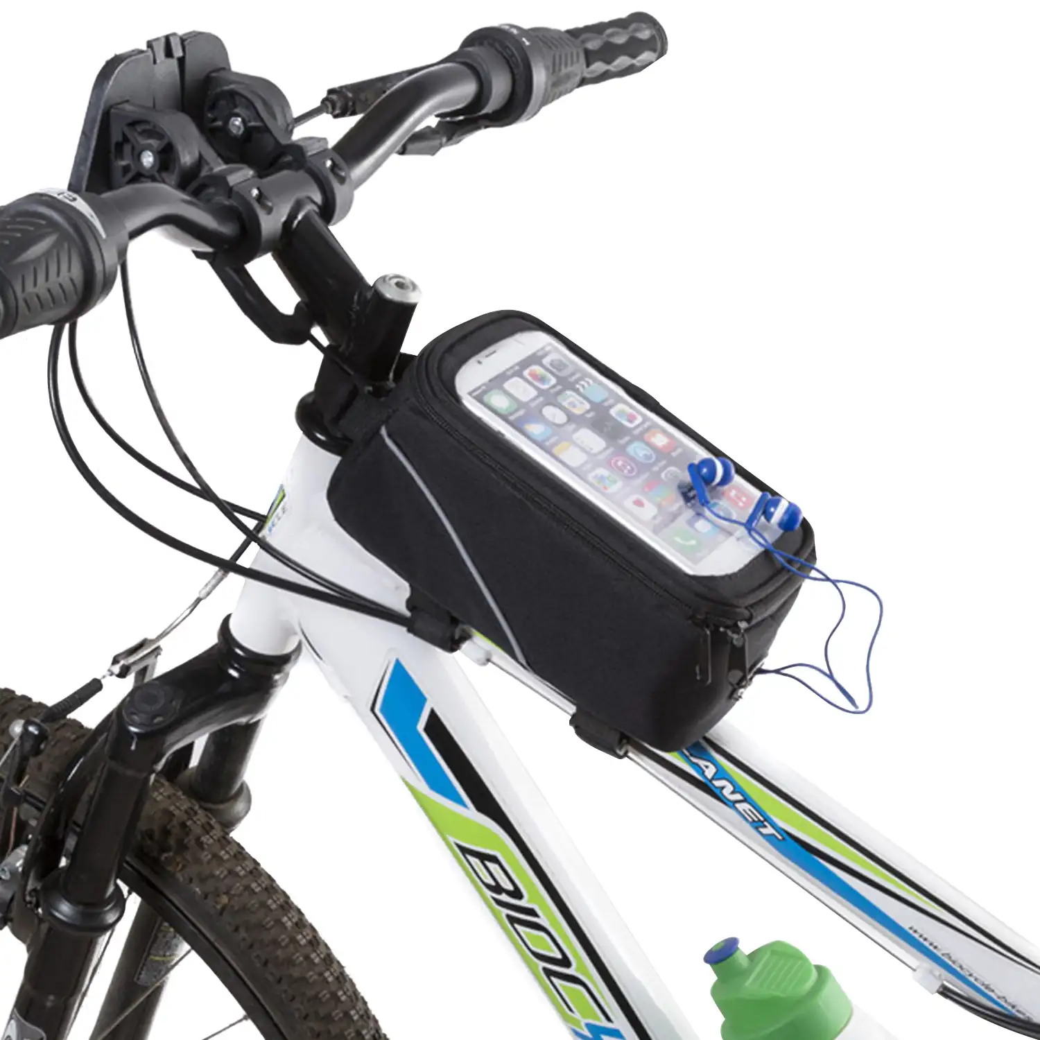 Bolsa para bicicleta Rigon con frontal transparente táctil, para smartphones hasta 6,3 pulgadas. Salida de auriculares y cierre de cremallera. Acople en barra o manillar.