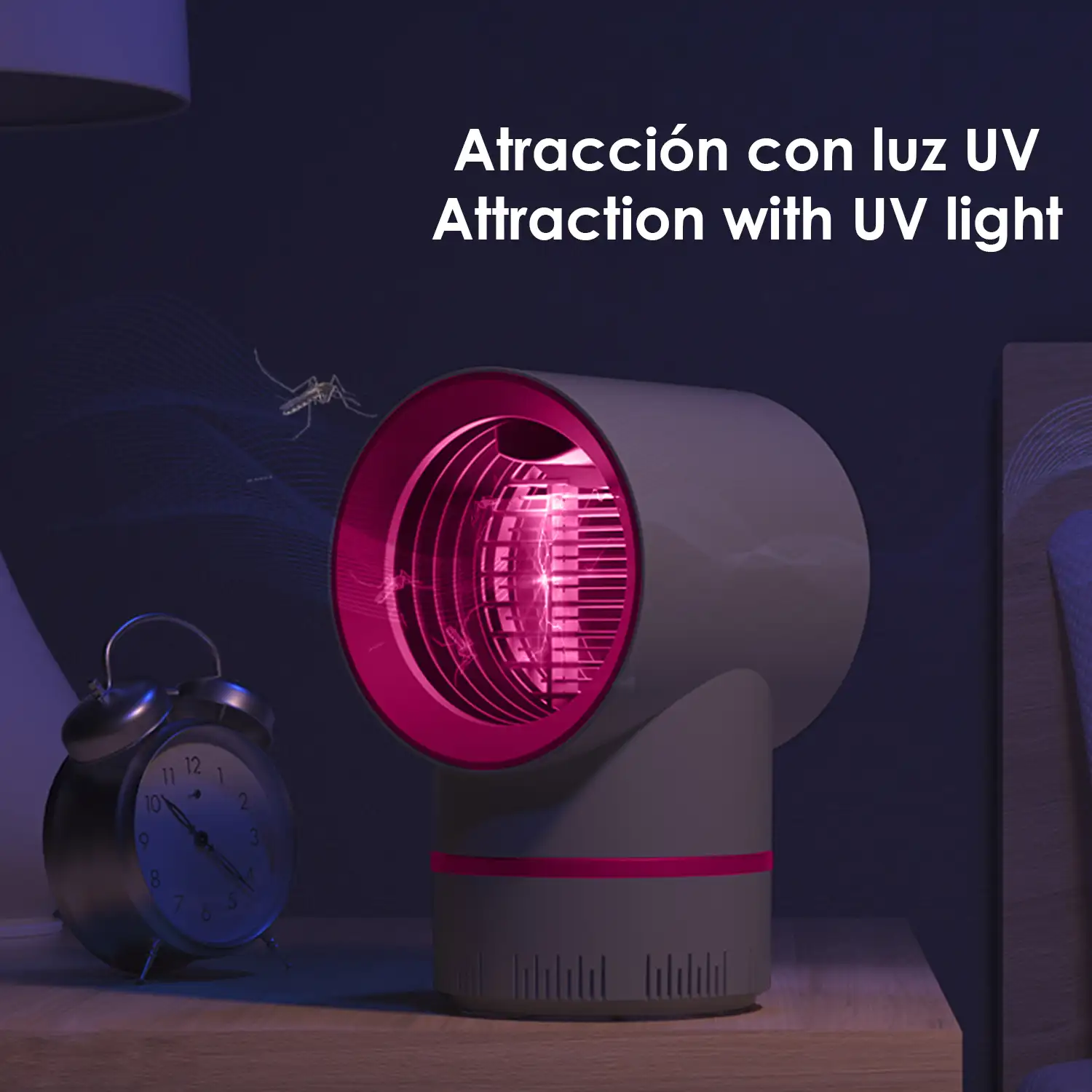 Atrapa mosquitos eléctrico G222, con luz led UV y aspirador. Mata mosquitos por descarga eléctrica.