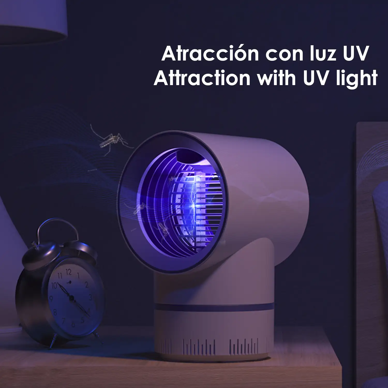 Atrapa mosquitos eléctrico G222, con luz led UV y aspirador. Mata mosquitos por descarga eléctrica.