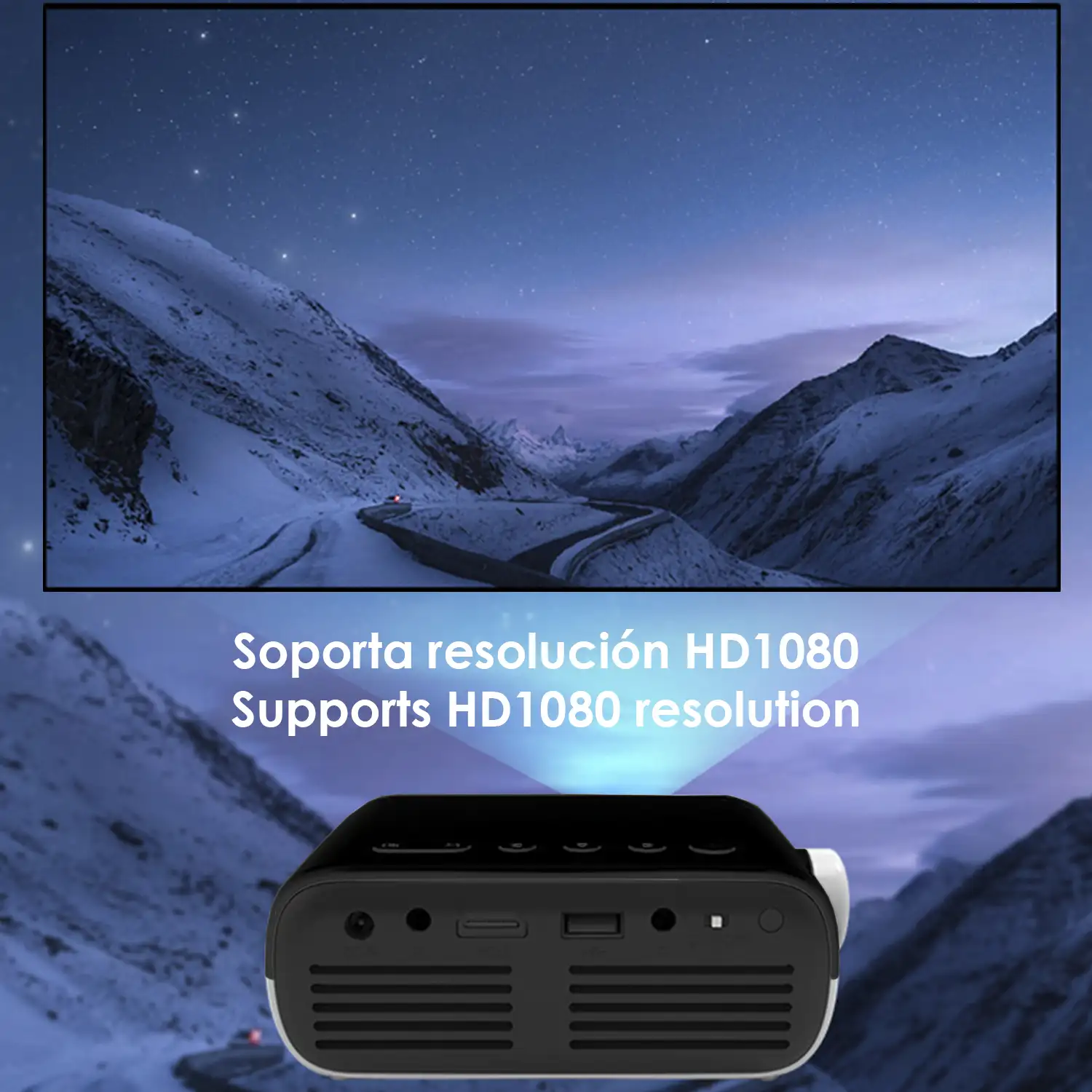 Mini video proyector YG280 LED 800 lúmenes. Soporta resolución HD1080. De 24 a 80 pulgadas. Incluye mando a distancia.