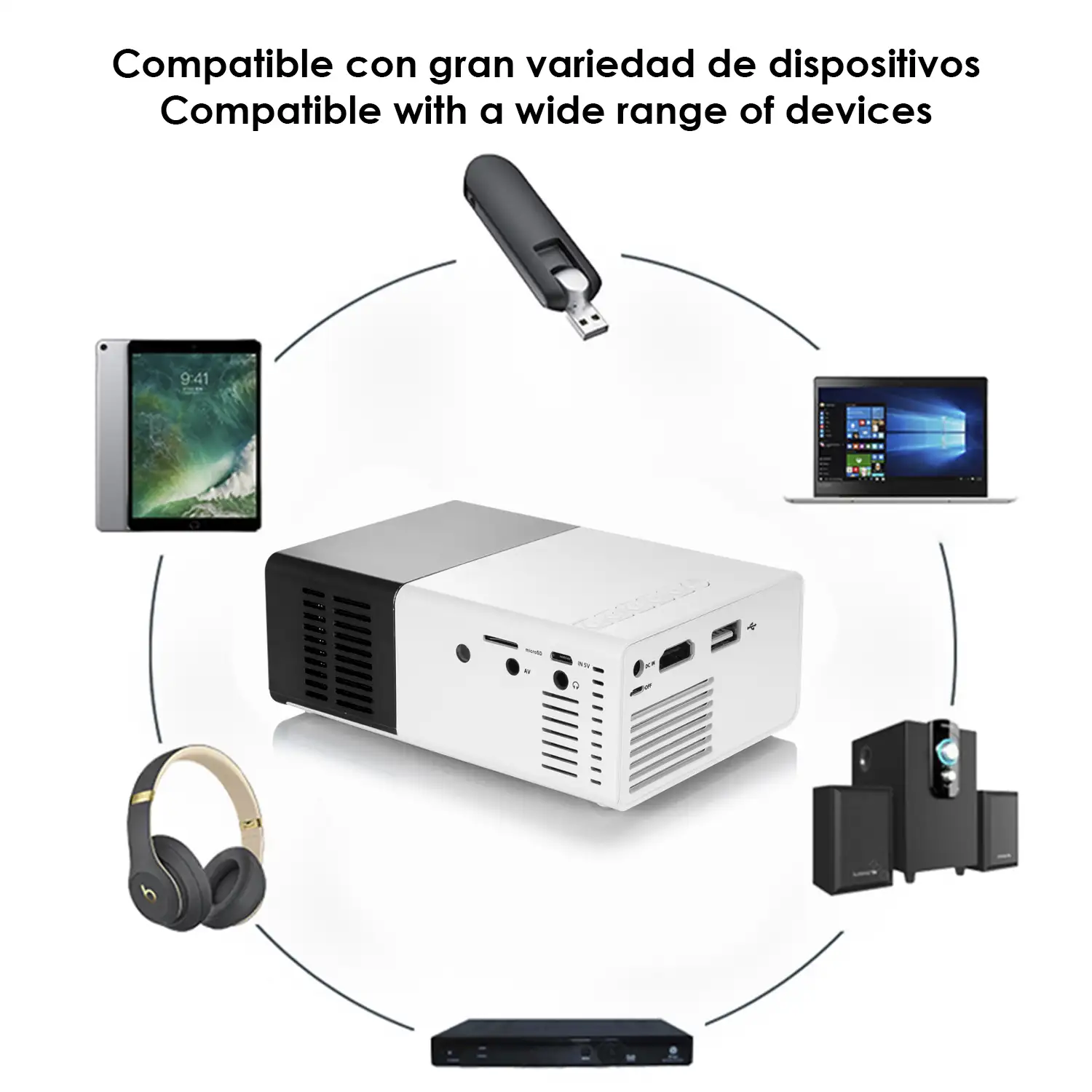 Mini video proyector YG300 LED 600 lúmenes, de 24 a 60 pulgadas. Portátil, con batería recargable. Soporta resolución HD1080P.