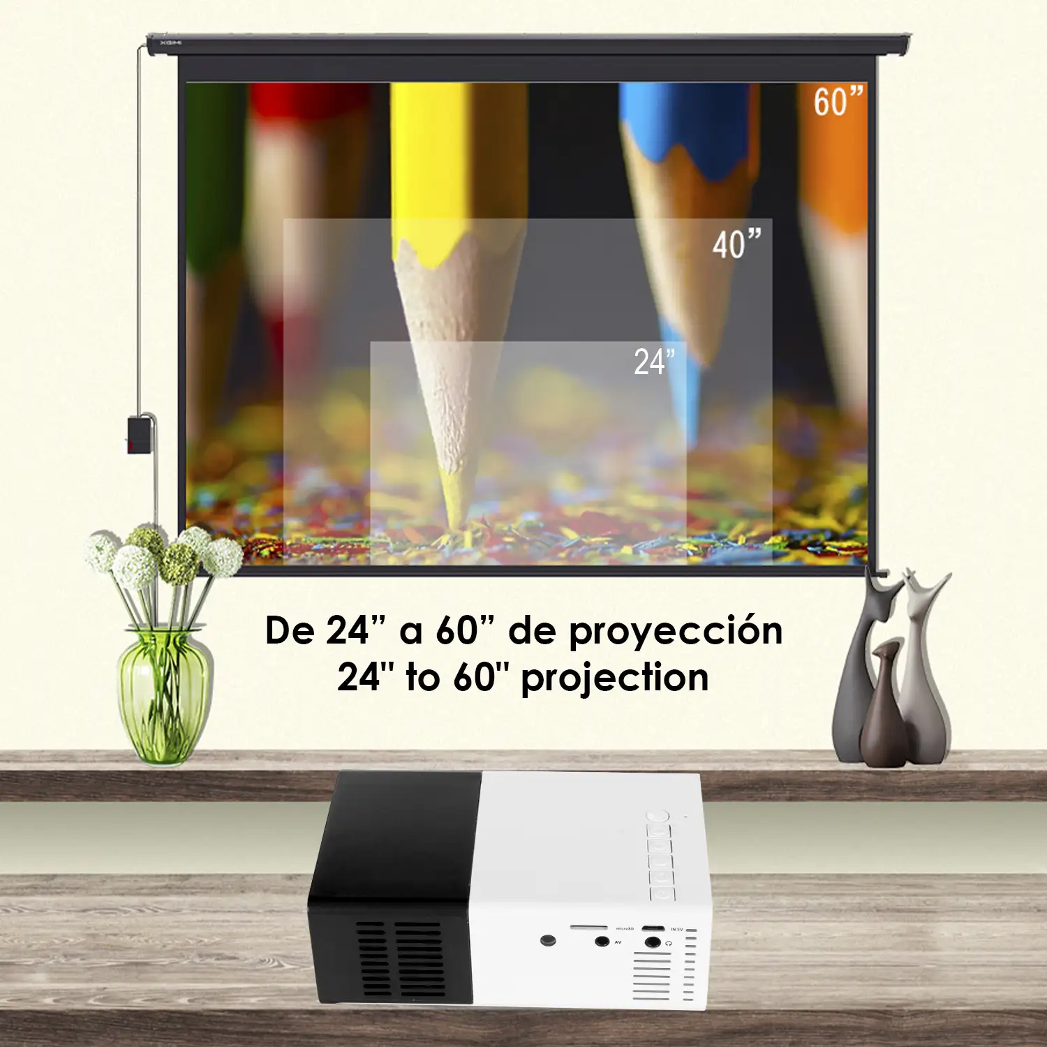 Mini video proyector YG300 LED 600 lúmenes, de 24 a 60 pulgadas. Portátil, con batería recargable. Soporta resolución HD1080P.