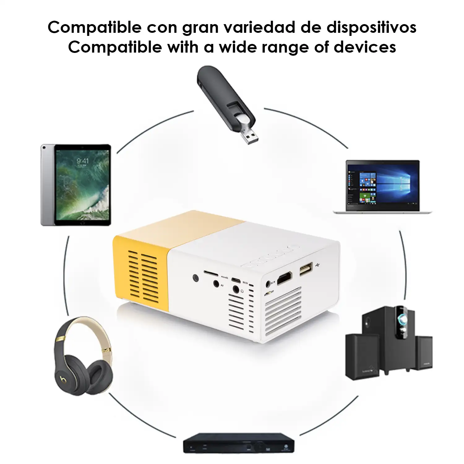 Mini video proyector YG300 LED 600 lúmenes, de 24 a 60 pulgadas. Portátil, con batería recargable. Soporta resolución HD1080P.