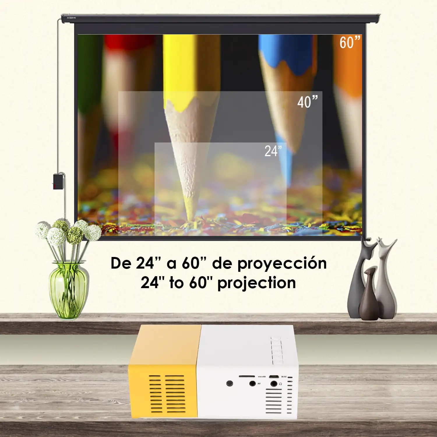 Mini video proyector YG300 LED 600 lúmenes, de 24 a 60 pulgadas. Portátil, con batería recargable. Soporta resolución HD1080P.