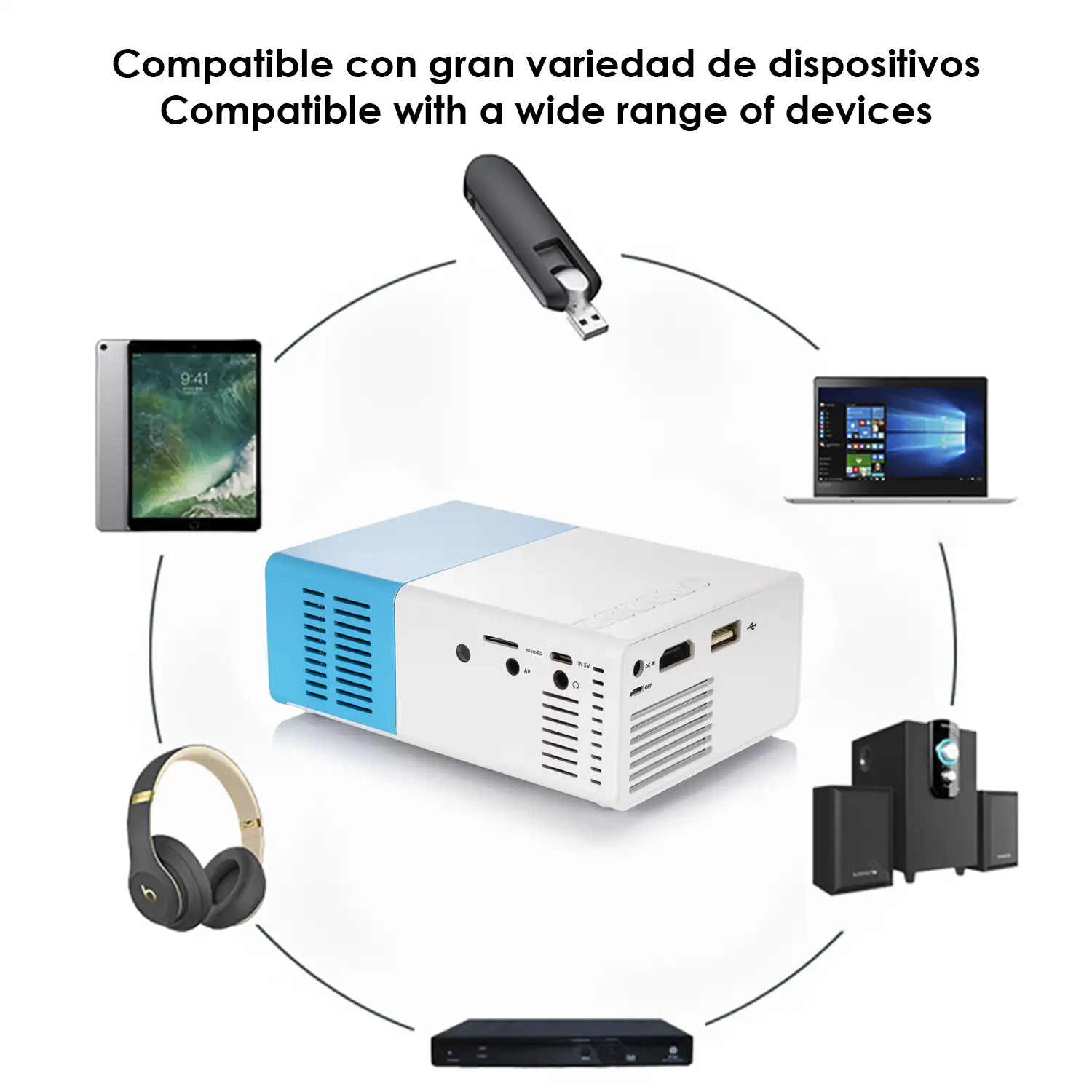 Mini video proyector YG300 LED 600 lúmenes, de 24 a 60 pulgadas. Portátil, con batería recargable. Soporta resolución HD1080P.