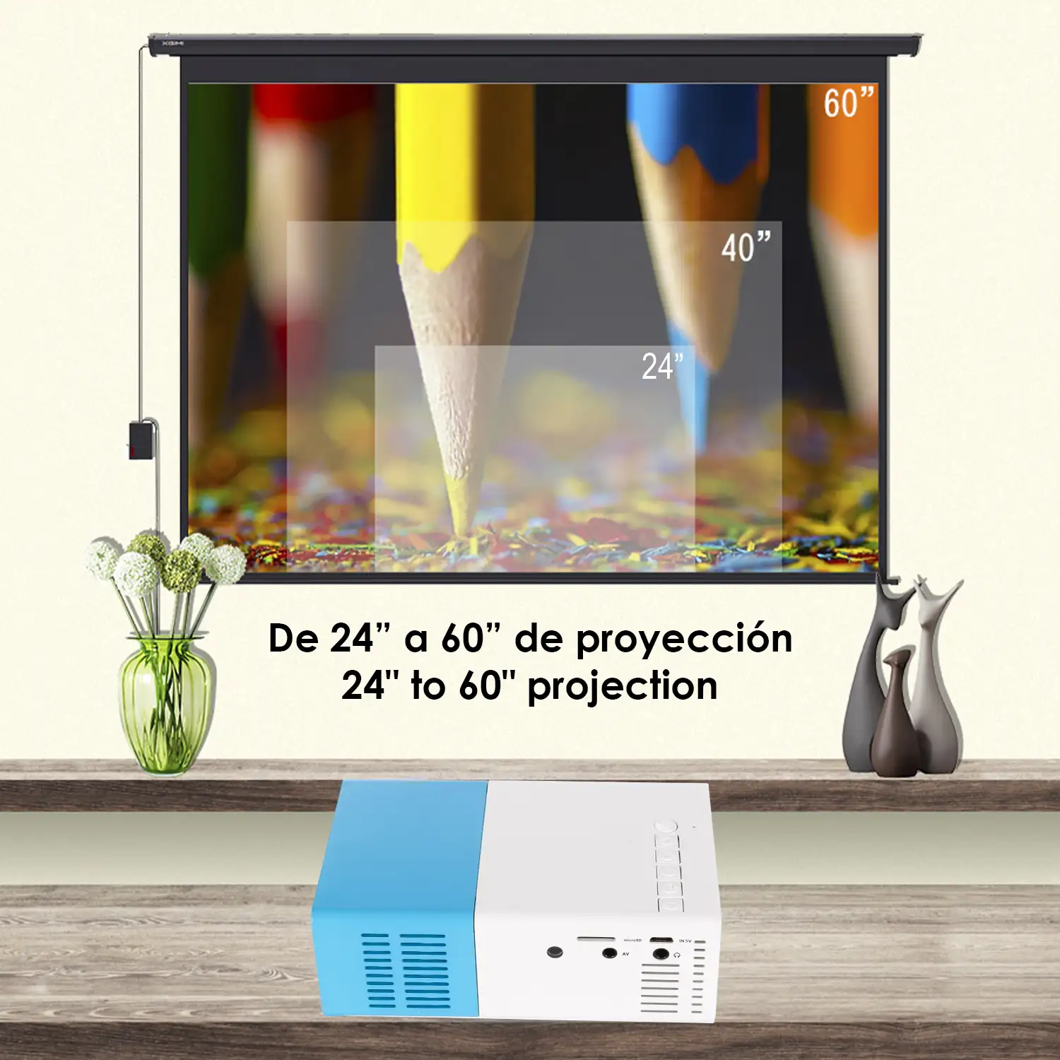 Mini video proyector YG300 LED 600 lúmenes, de 24 a 60 pulgadas. Portátil, con batería recargable. Soporta resolución HD1080P.