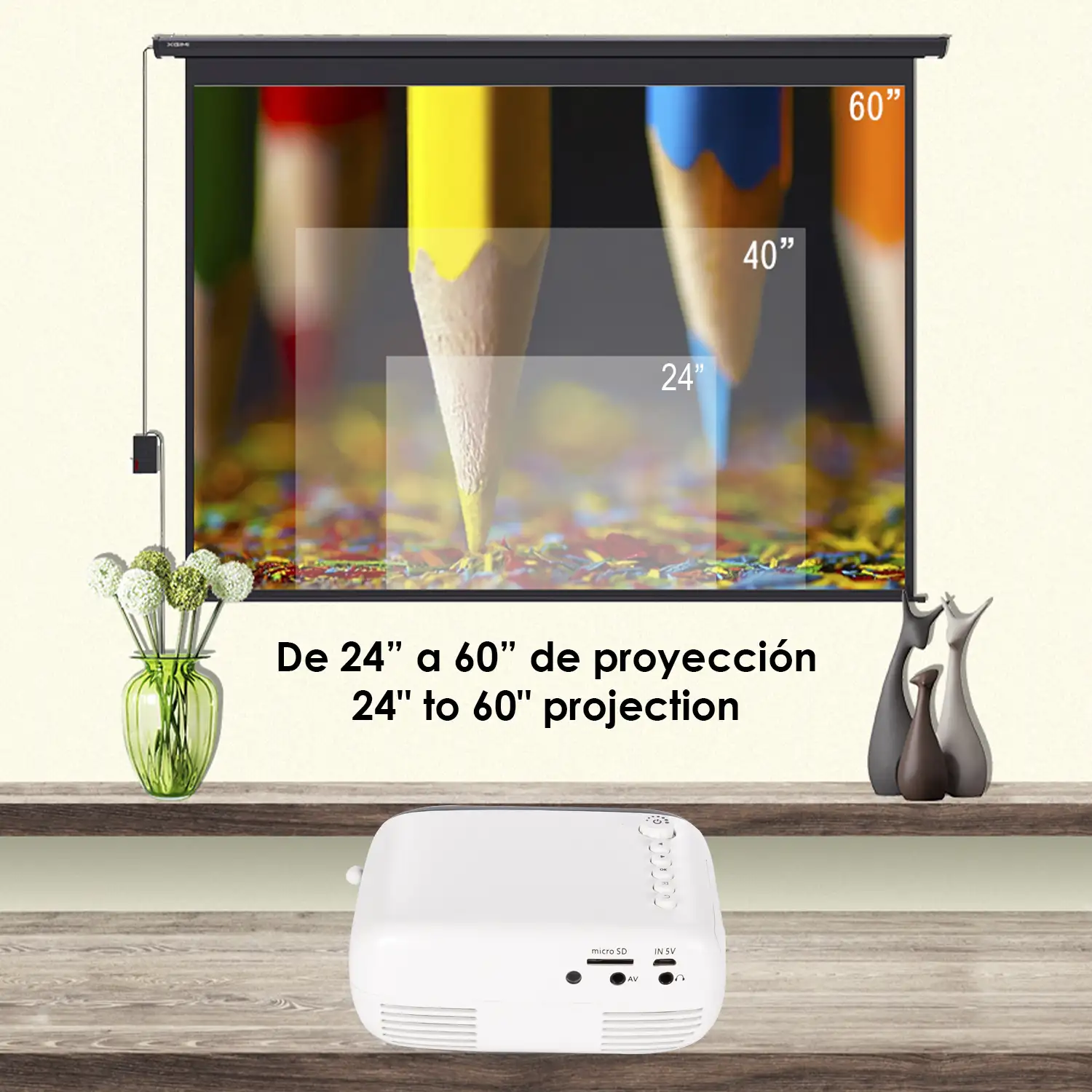 Mini video proyector YG200 LED 600 lúmenes, contraste 800:1. De 24 a 60 pulgadas. Soporta resolución HD1080P. Mando a distancia.