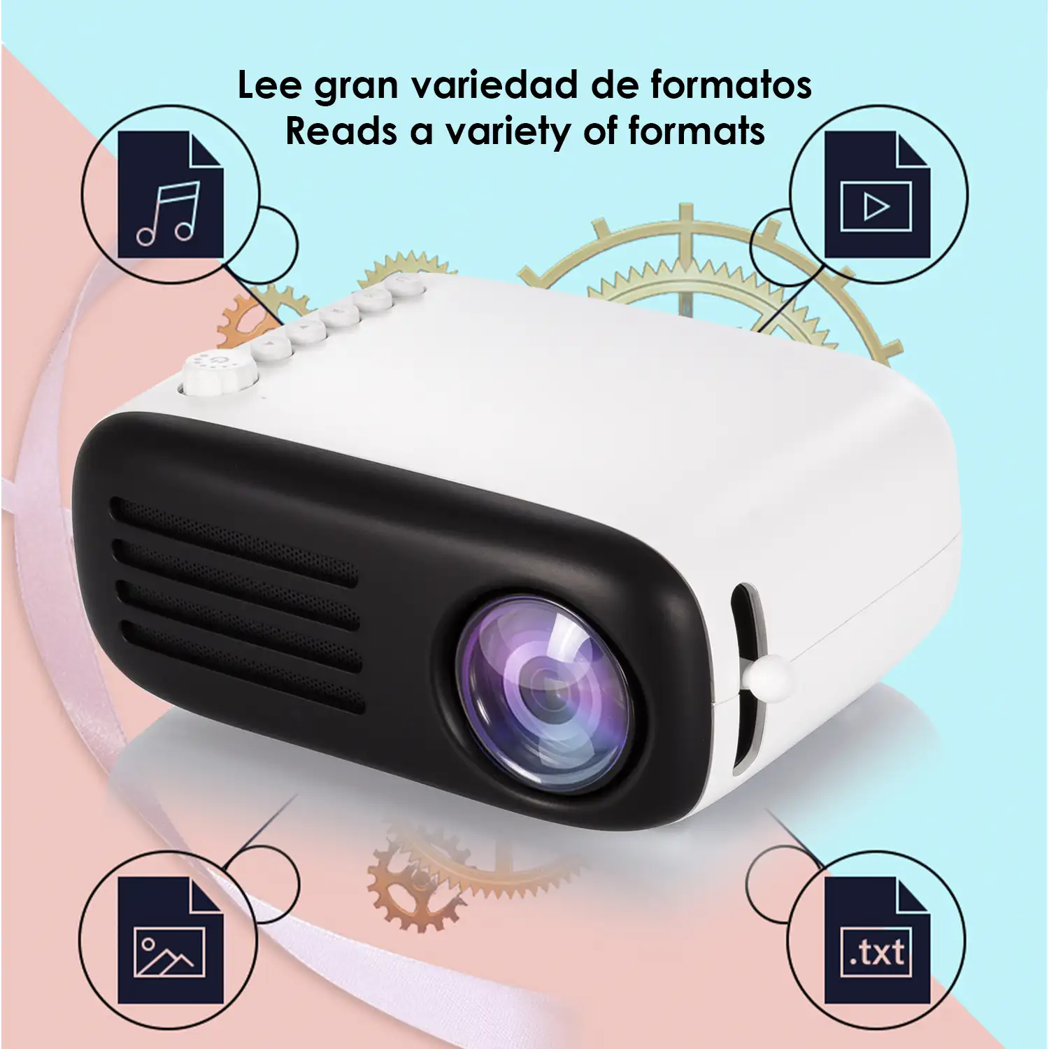 Mini video proyector YG200 LED 600 lúmenes, contraste 800:1. De 24 a 60 pulgadas. Soporta resolución HD1080P. Mando a distancia.