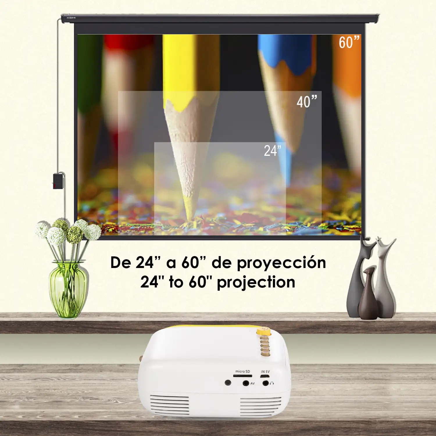 Mini video proyector YG200 LED 600 lúmenes, contraste 800:1. De 24 a 60 pulgadas. Soporta resolución HD1080P. Mando a distancia.