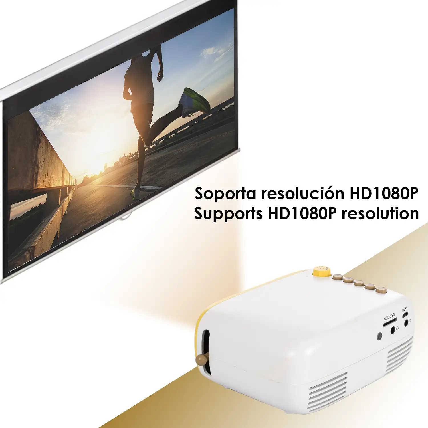Mini video proyector YG200 LED 600 lúmenes, contraste 800:1. De 24 a 60 pulgadas. Soporta resolución HD1080P. Mando a distancia.