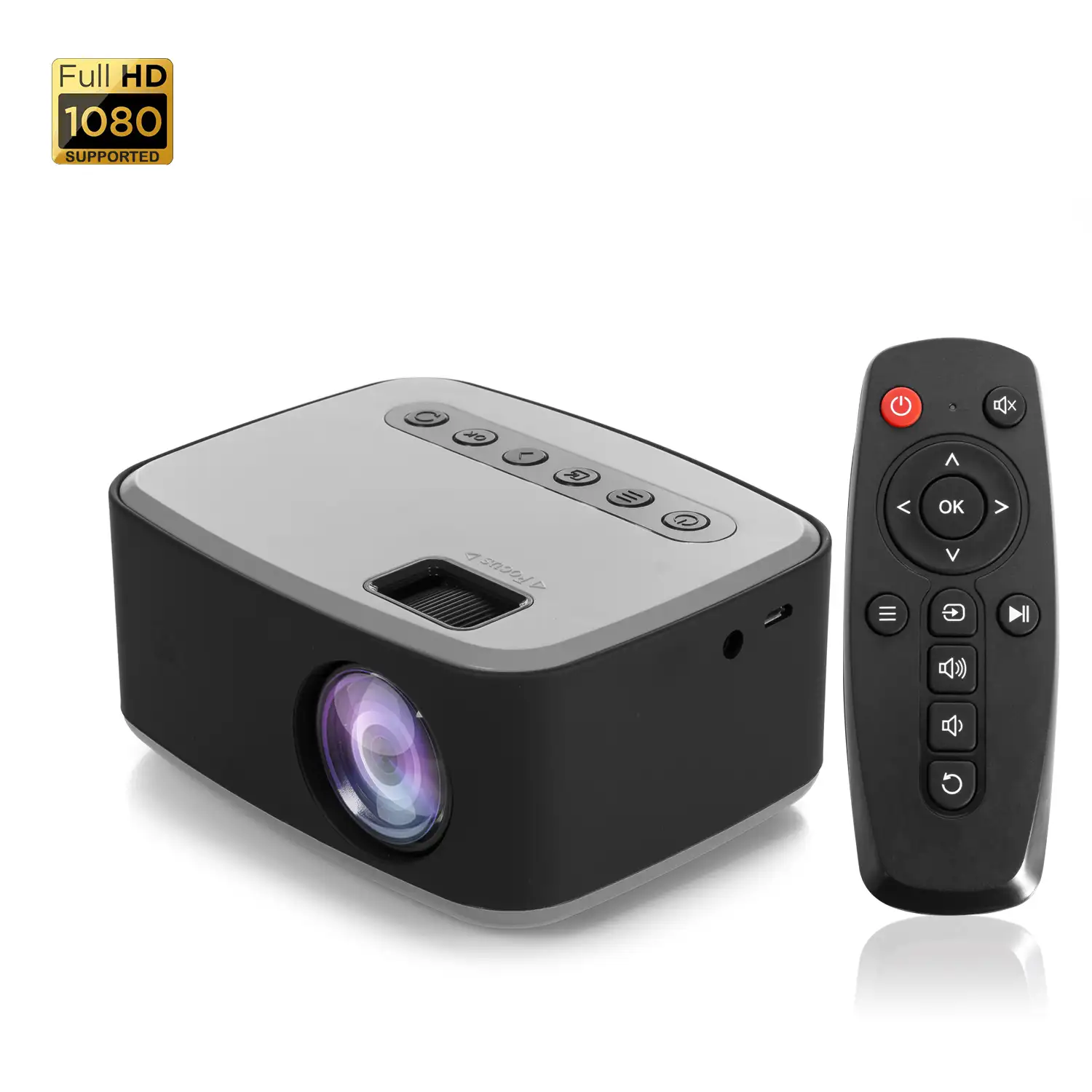 Mini video proyector T20 LED 600 lúmenes, contraste 800:1. De 16 a 100 pulgadas. Soporta resolución HD1080P. Mando a distancia.