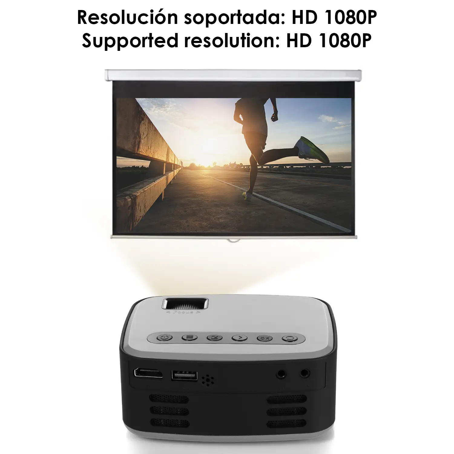 Mini video proyector T20 LED 600 lúmenes, contraste 800:1. De 16 a 100 pulgadas. Soporta resolución HD1080P. Mando a distancia.