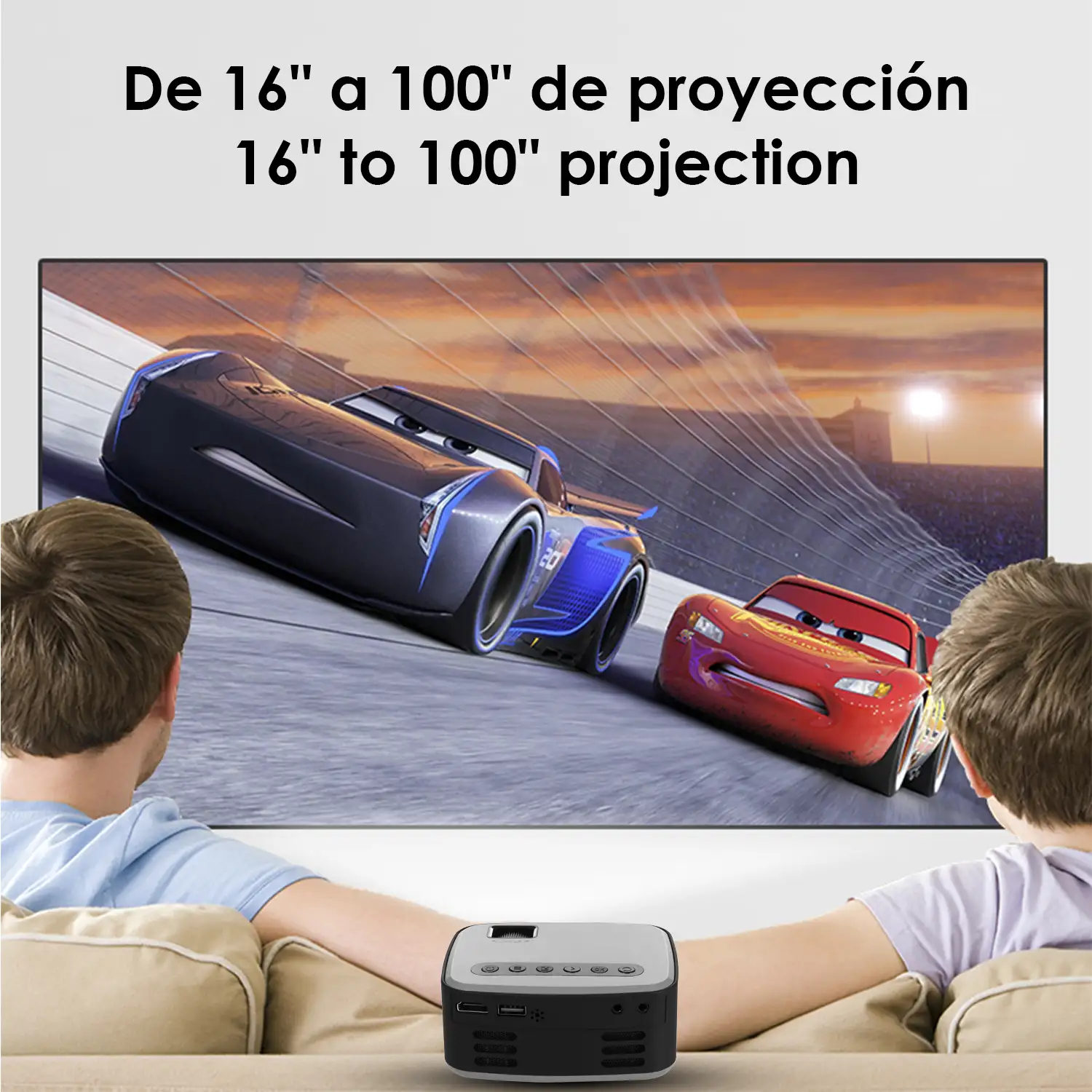 Mini video proyector T20 LED 600 lúmenes, contraste 800:1. De 16 a 100 pulgadas. Soporta resolución HD1080P. Mando a distancia.