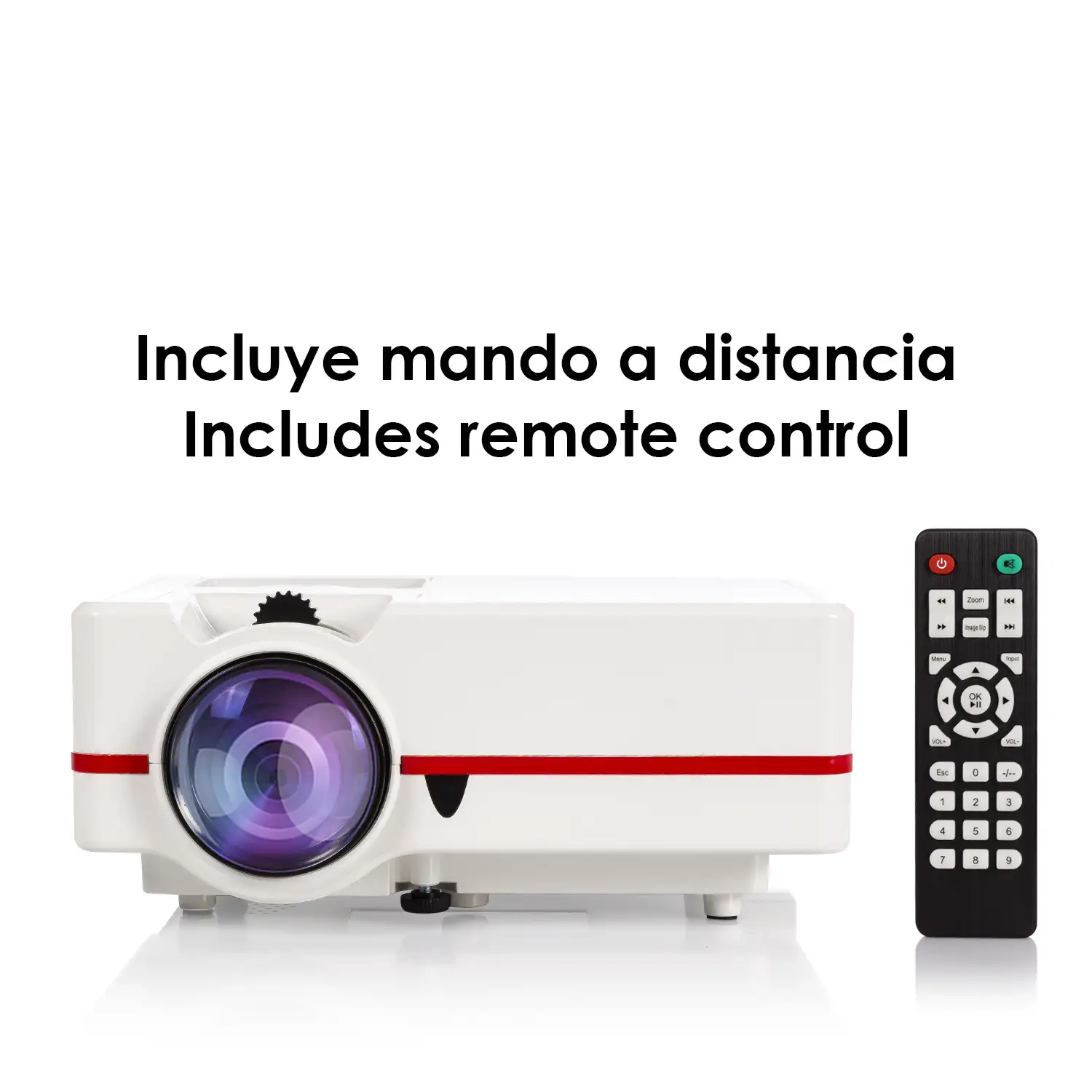 Video proyector LED hasta 150 pulgadas, contraste 3000:1. Conexiones HDMI, USB, incluye entrada de antena. Mando a distancia.