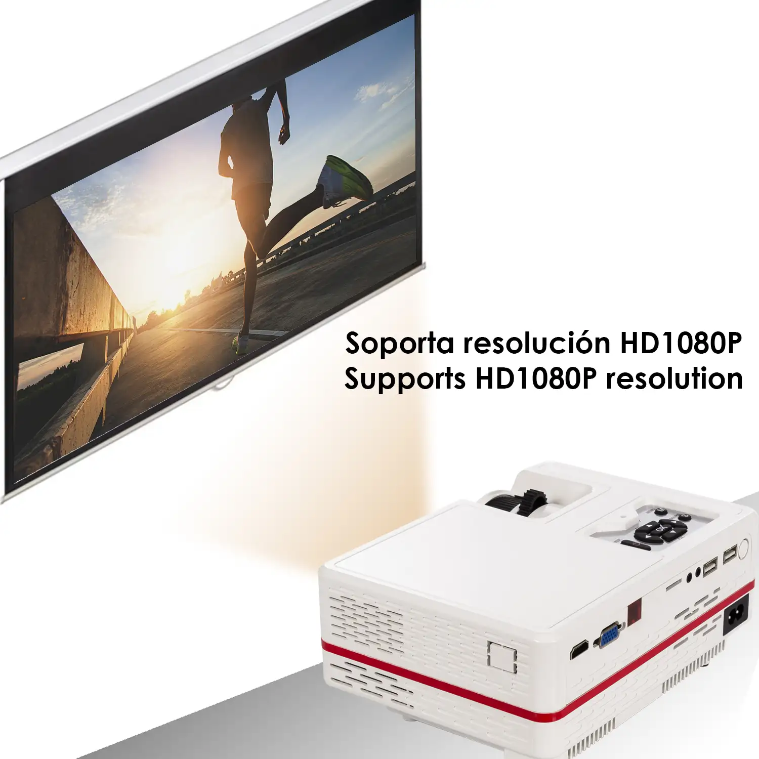 Video proyector LED con duplicación de pantalla para iOS y Android. Hasta 150 pulgadas, contraste 3000:1. Conexiones HDMI, USB, entrada de antena. Mando a distancia.