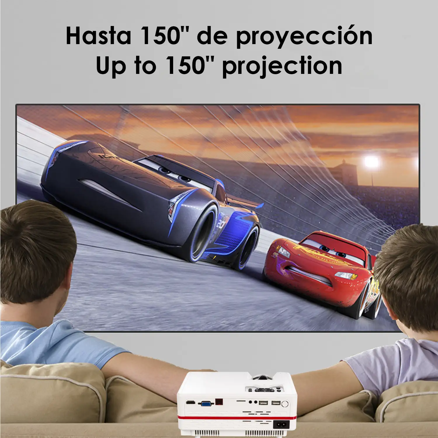 Video proyector LED con duplicación de pantalla para iOS y Android. Hasta 150 pulgadas, contraste 3000:1. Conexiones HDMI, USB, entrada de antena. Mando a distancia.