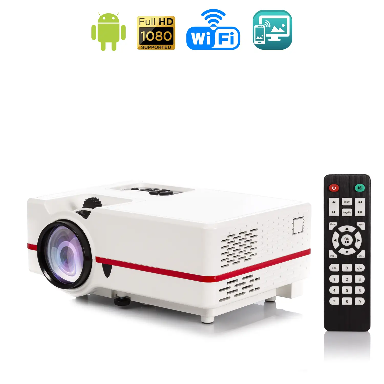 Video proyector LED con sistema operativo Android. Hasta 150 pulgadas, contraste 3000:1. Conexiones HDMI, USB, entrada de antena. Mando a distancia.