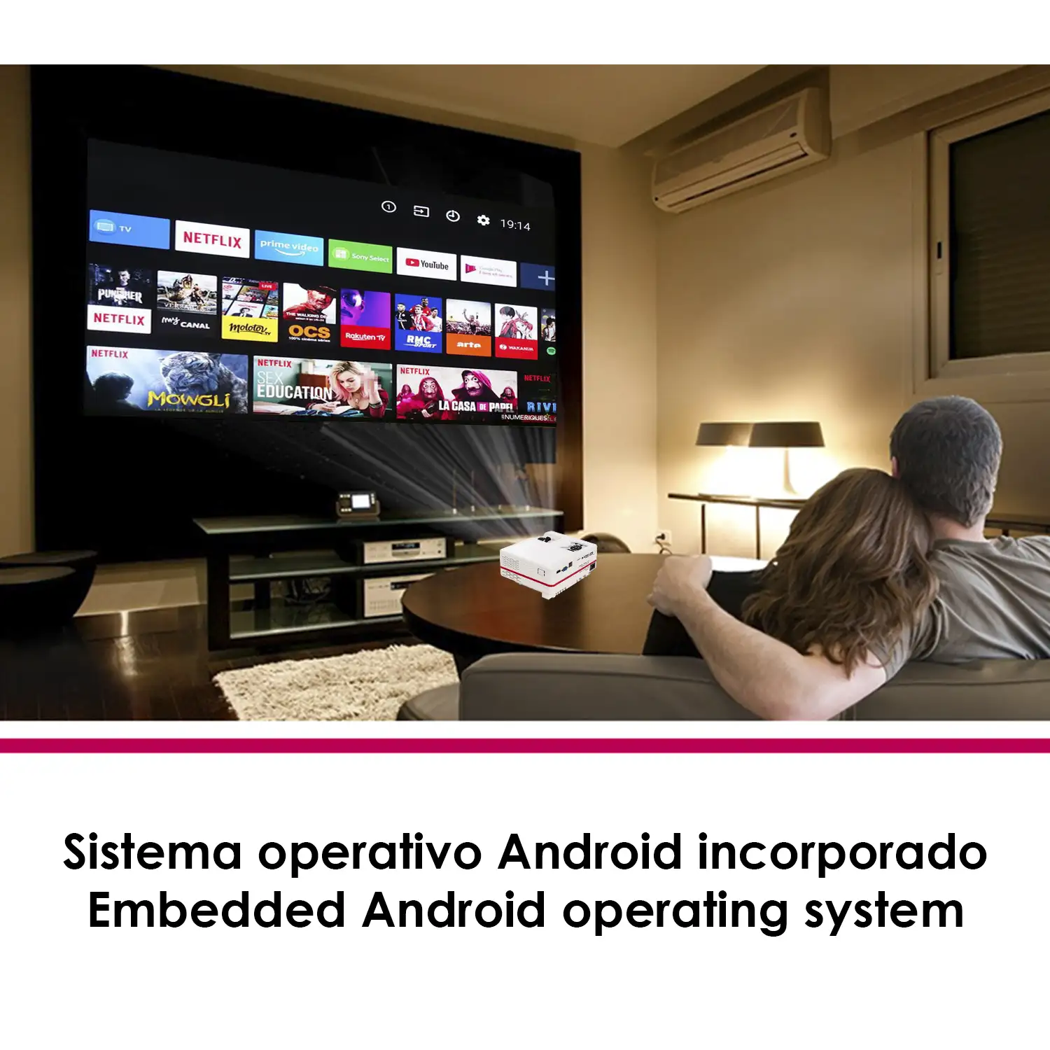 Video proyector LED con sistema operativo Android. Hasta 150 pulgadas, contraste 3000:1. Conexiones HDMI, USB, entrada de antena. Mando a distancia.