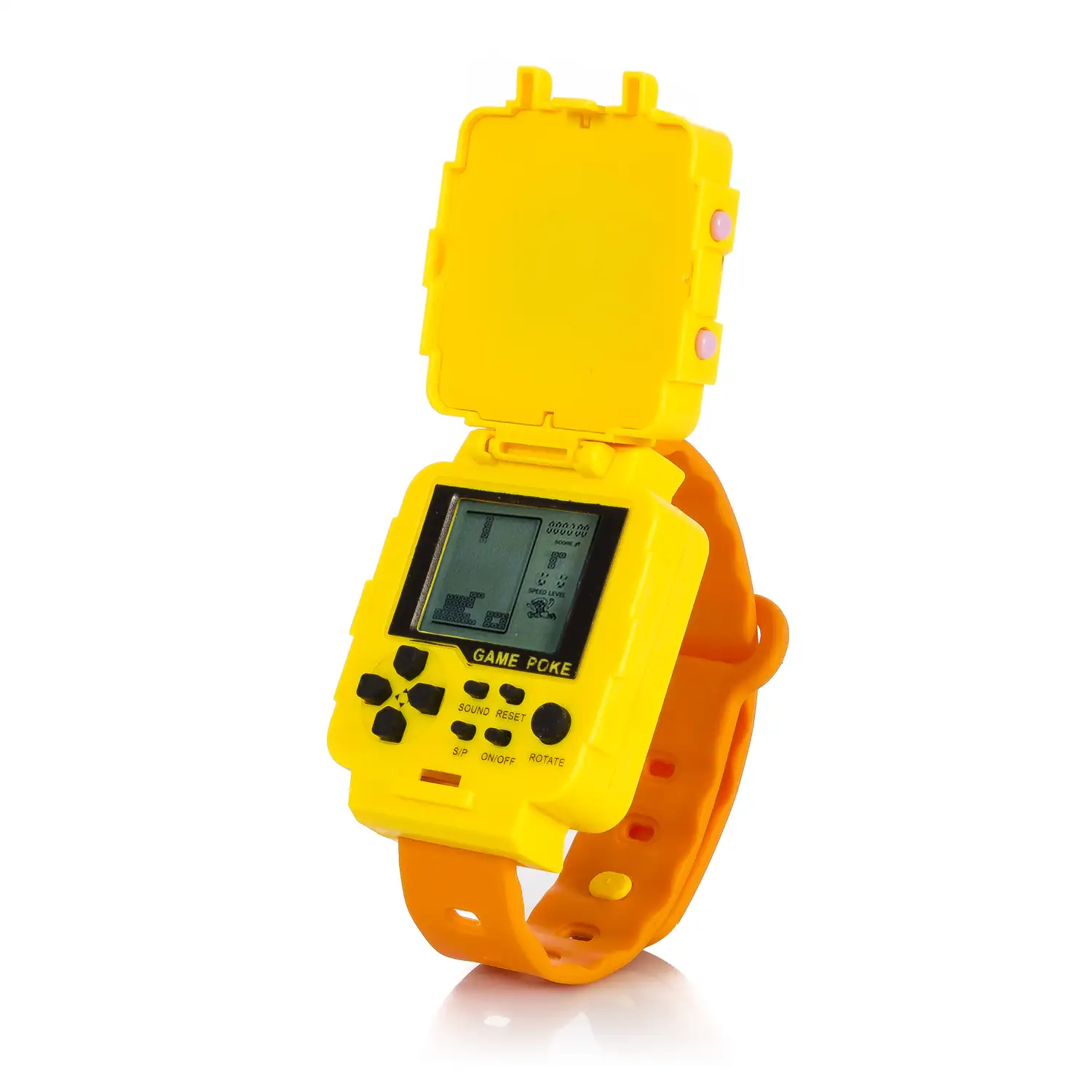 Reloj consola con 23 juegos en 2D. Varios tipos de juegos clásicos como Tetris, pong, naves, etc.