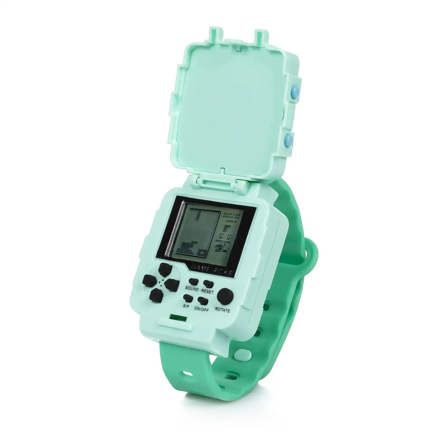 Reloj consola con 23 juegos en 2D. Varios tipos de juegos clásicos como Tetris, pong, naves, etc.