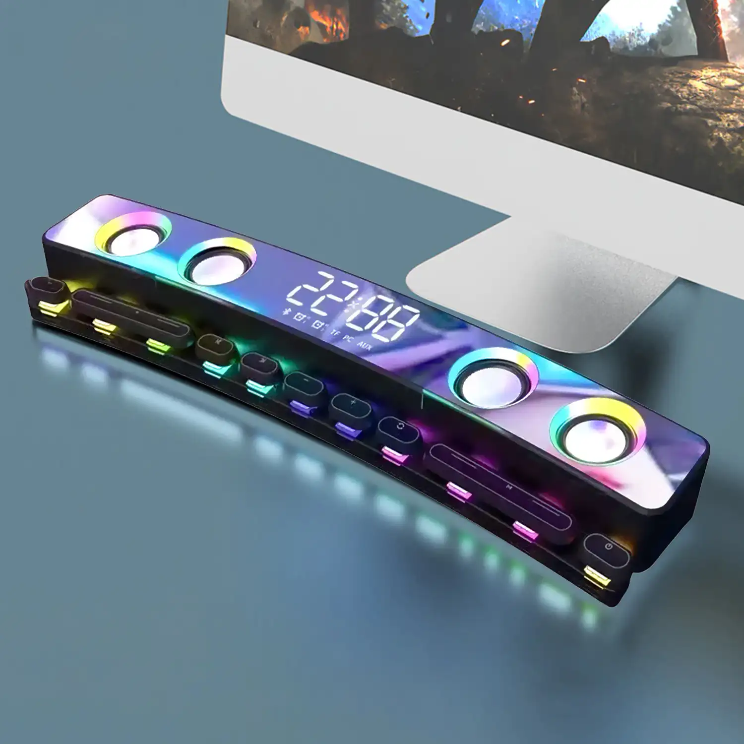 Barra de sonido SH39 Bluetooth 5.4 con teclas mecánicas, pantalla y luz RGB. Batería de 3600mAh. Gaming, home cinema.