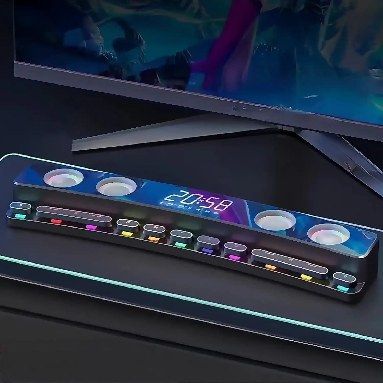 Barra de sonido SH39 Bluetooth 5.4 con teclas mecánicas, pantalla y luz RGB. Batería de 3600mAh. Gaming, home cinema.