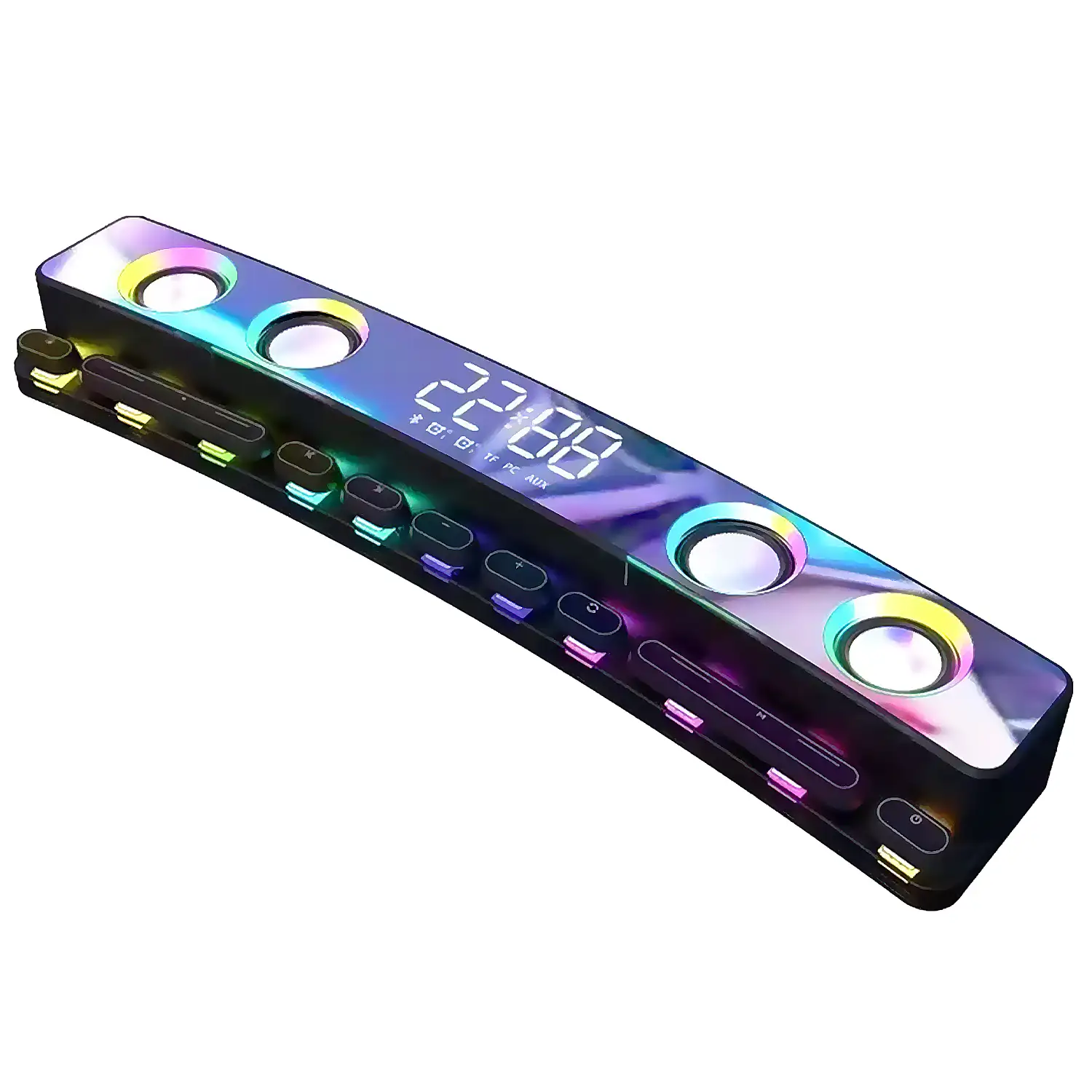 Barra de sonido SH39 Bluetooth 5.4 con teclas mecánicas, pantalla y luz RGB. Batería de 3600mAh. Gaming, home cinema.